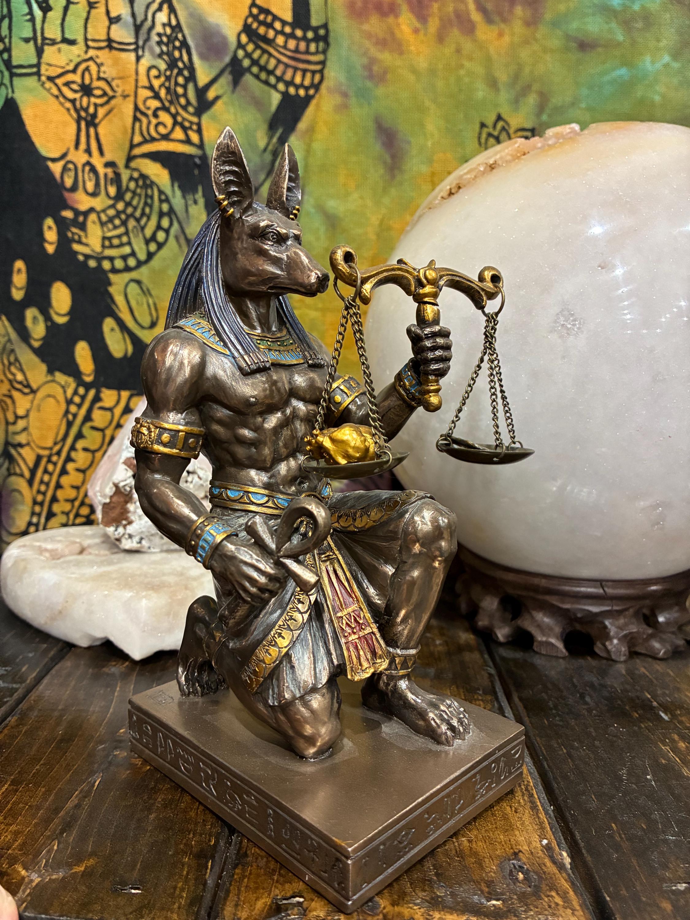Anubis Kneeling Statue w/ Scales | Bronze-Tone Egyptian God Figurine, Gothic Altar Decor