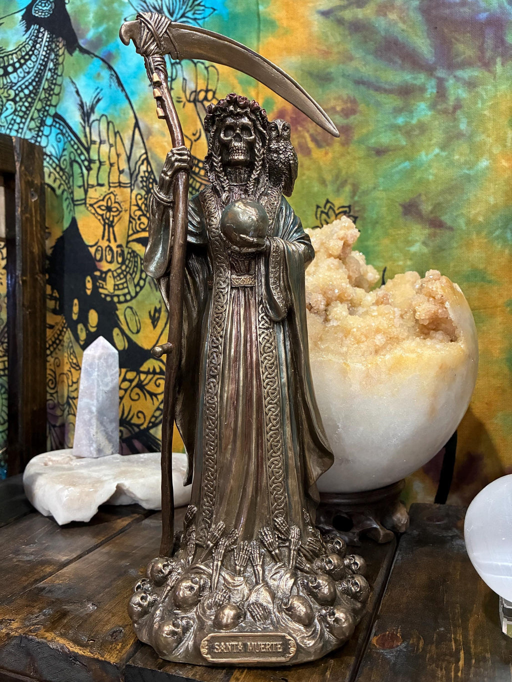 Santa Muerte Statue - Veronese Collection Bronze Finish - Holy Death Altar Figure with Owl & Scythe - 10" Resin Devotional Statue for Pro