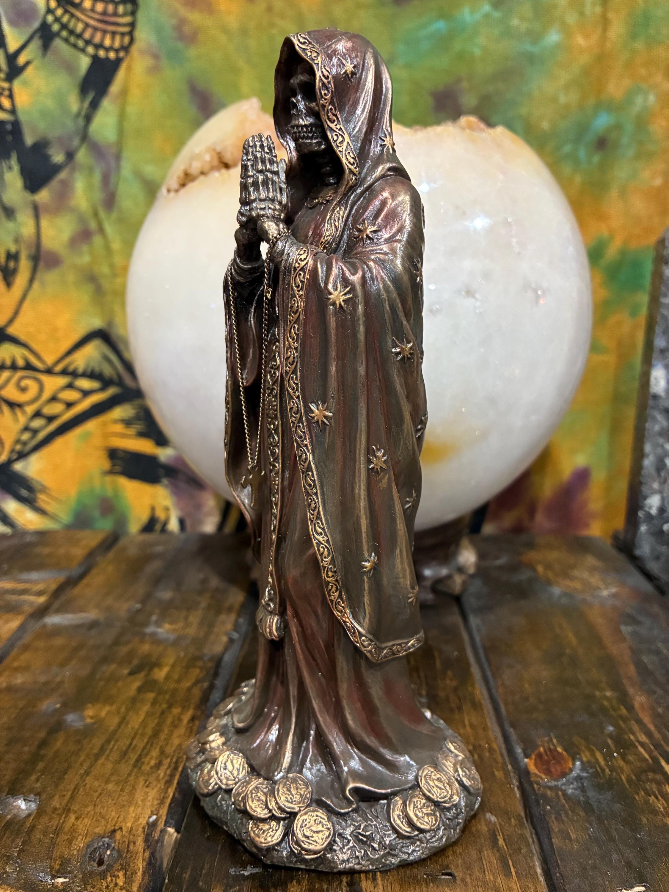 Rosario Muerte 7 1/2” — Gothic Santa Muerte Rosary Statue (Bronze Finish) | Altar Decor | Devotional Gift