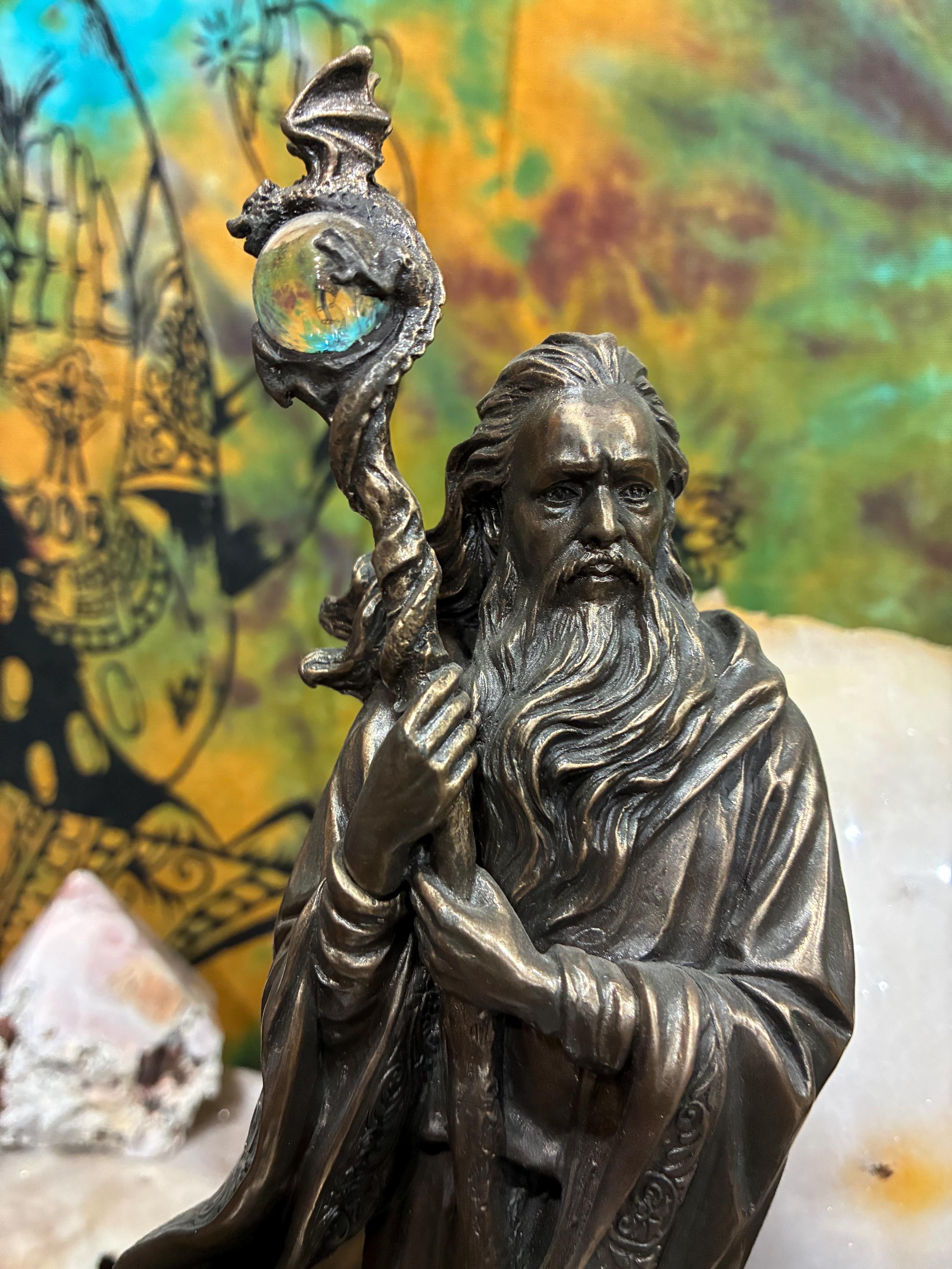 Merlin Statue | Bronze Finish Wizard with Dragon Crystal Ball Staff