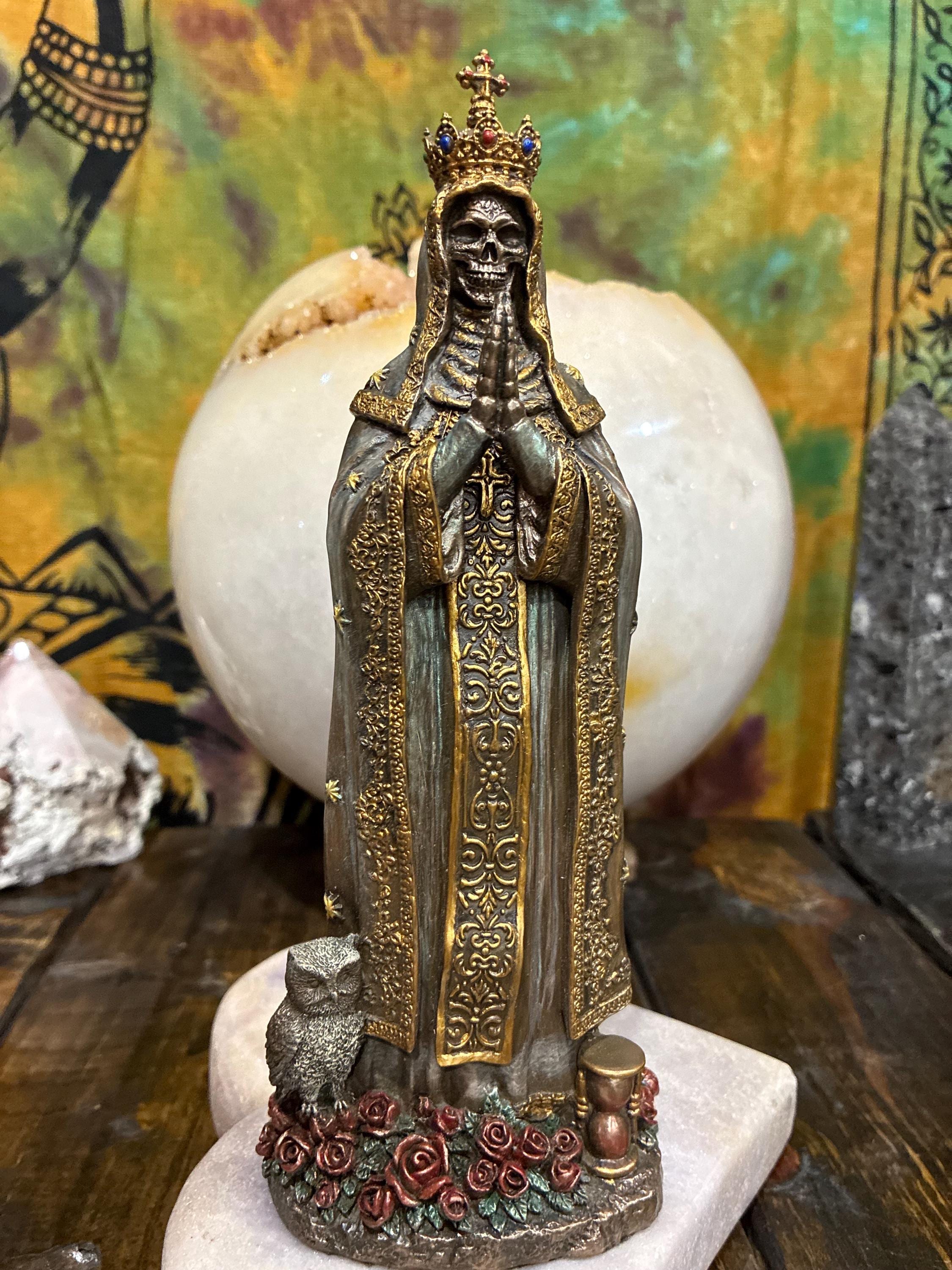 Santa Muerte Statue, Crowned Skeleton Prayer Figure, Bronze Cast Resin Altar Decor