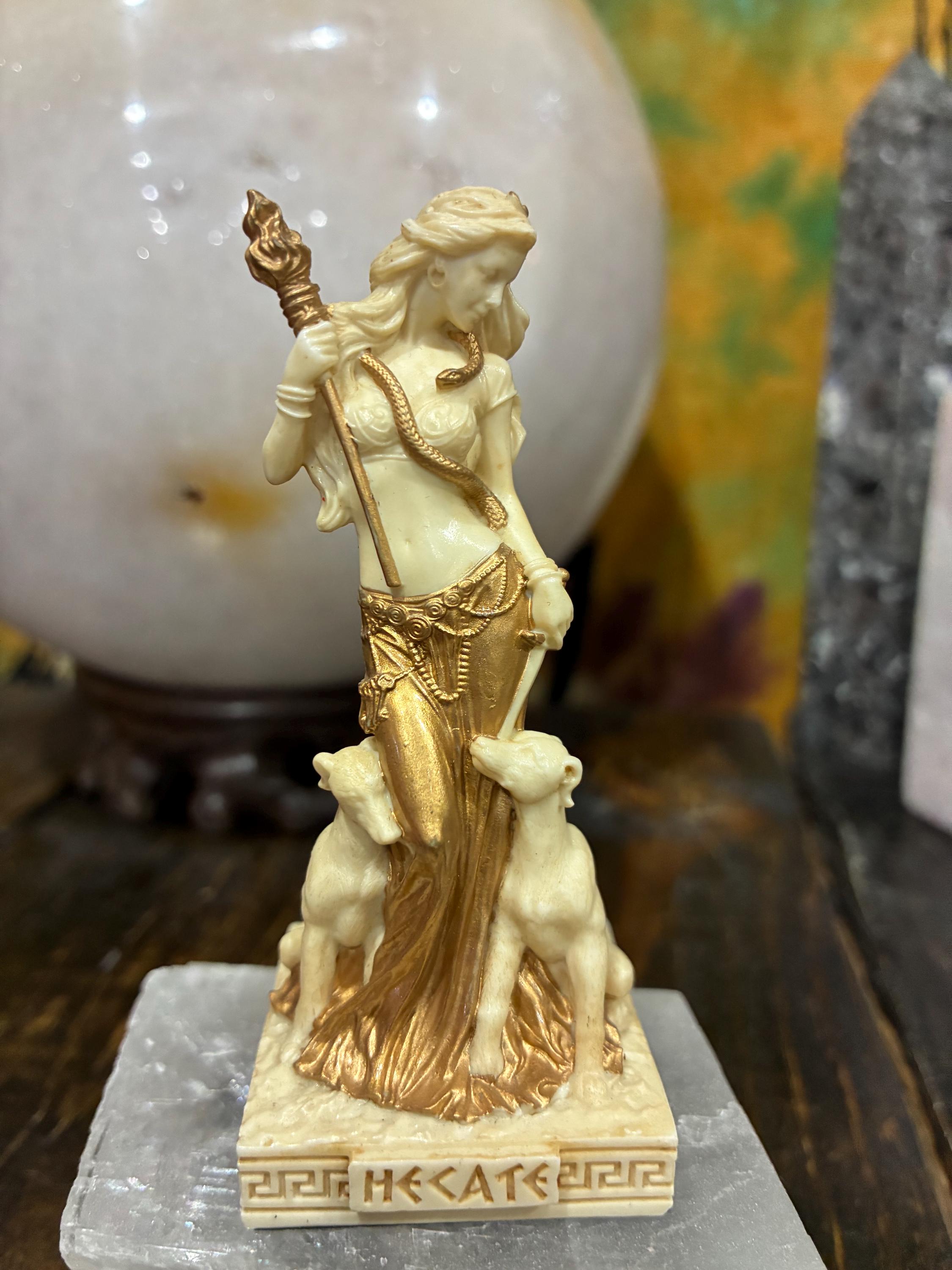 Cast Resin Hecate Statue | Greek Goddess Torch Serpent Altar Decor