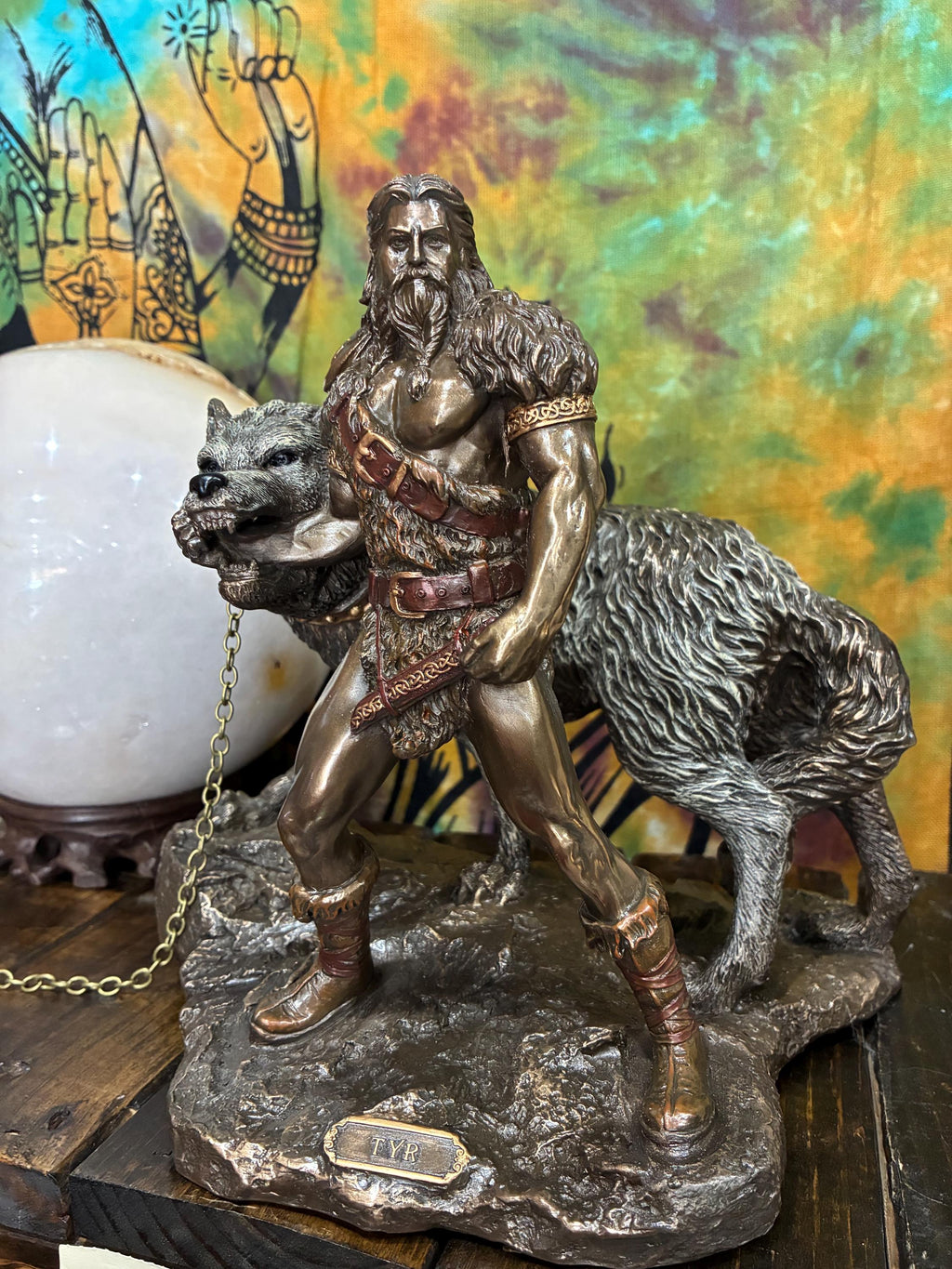 Týr Statue – Norse God of War, Justice, Fenrir Wolf Scene, Resin Viking Decor