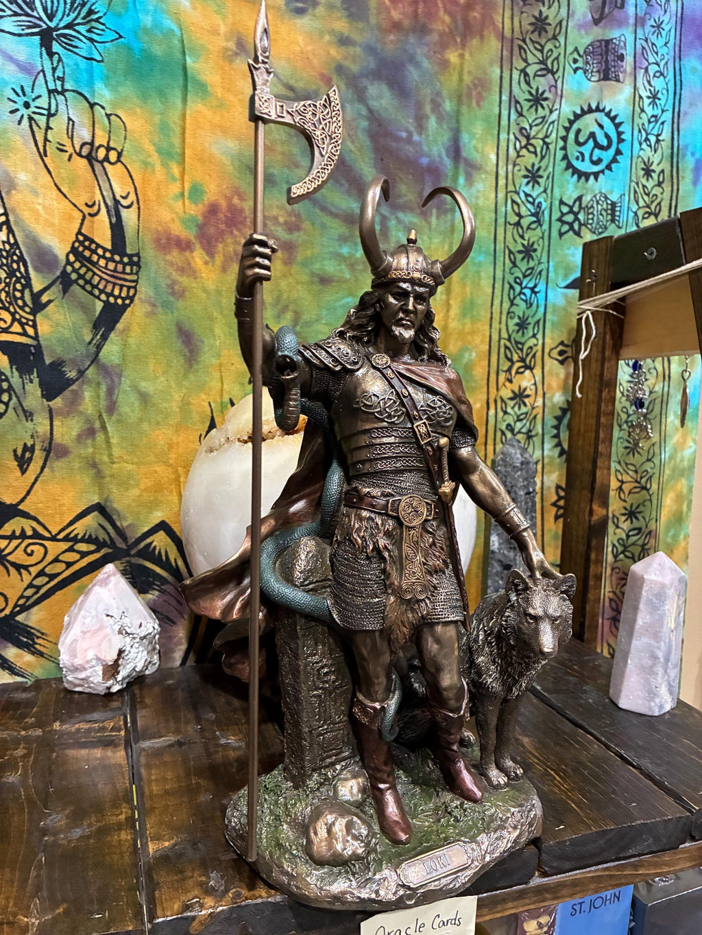 Loki Statue 13 7/8” | Norse Trickster God | Viking Altar Decor | Spear & Wolf Companion | Bronze Cast Resin | Mythology Gift