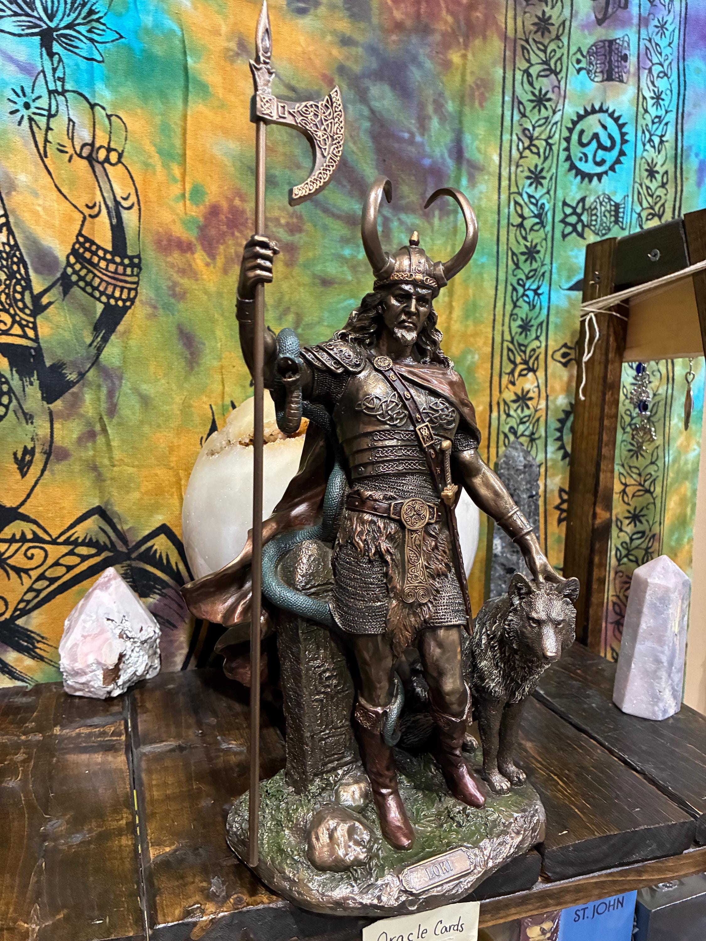 Loki Statue 13 7/8” | Norse Trickster God | Viking Altar Decor | Spear & Wolf Companion | Bronze Cast Resin | Mythology Gift