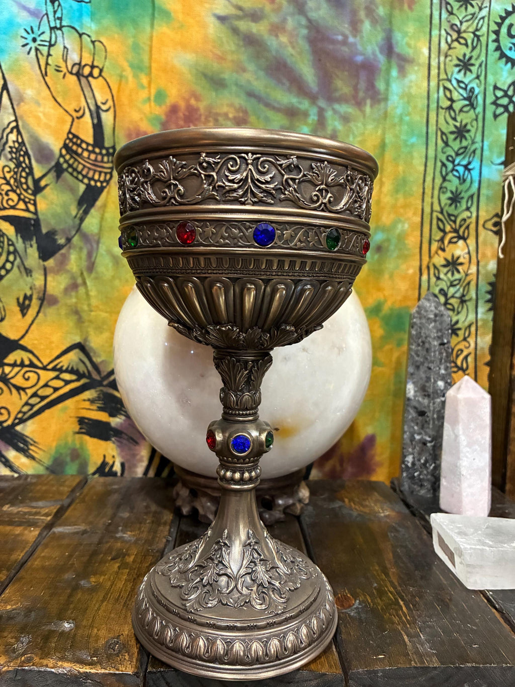 Holy Grail Chalice 8 7/8" | Pewter-Style Ornate Cup with Gems | Altar Ritual Decor