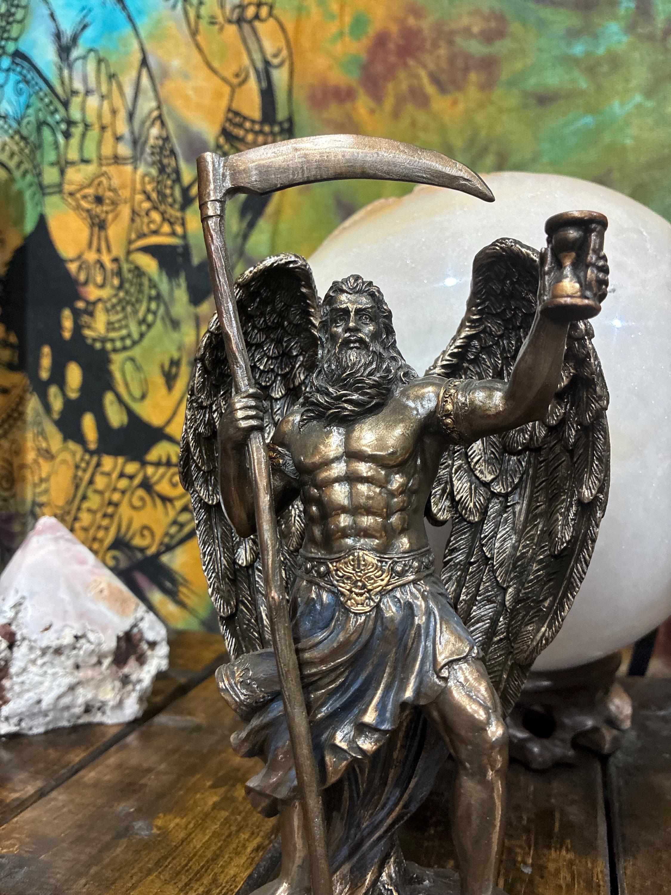 Chronos Statue – Time, Fate & Transformation | Gothic Altar Decor | Father Time, Scythe, Hourglass, Spiritual Gift