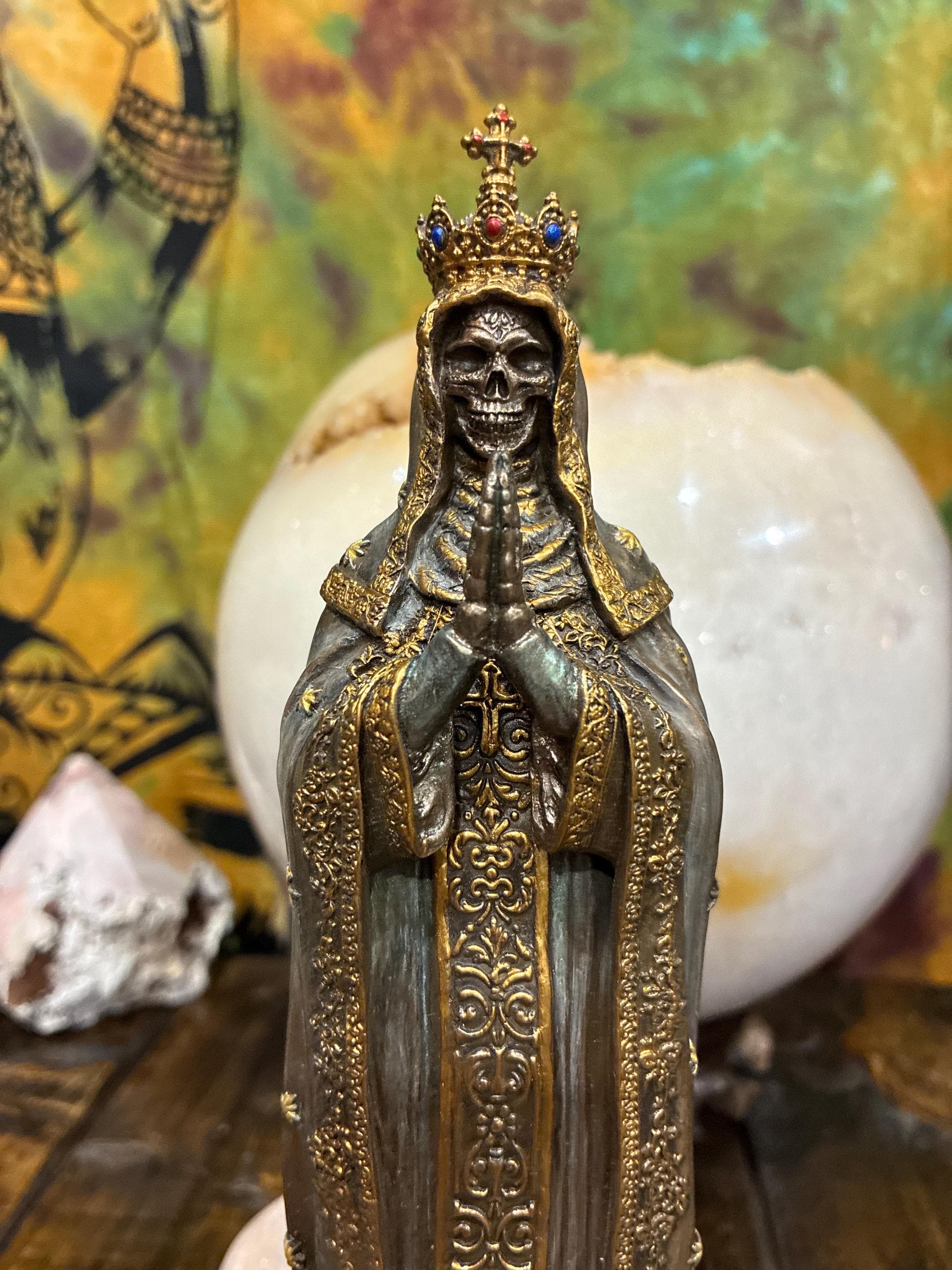 Santa Muerte Statue, Crowned Skeleton Prayer Figure, Bronze Cast Resin Altar Decor
