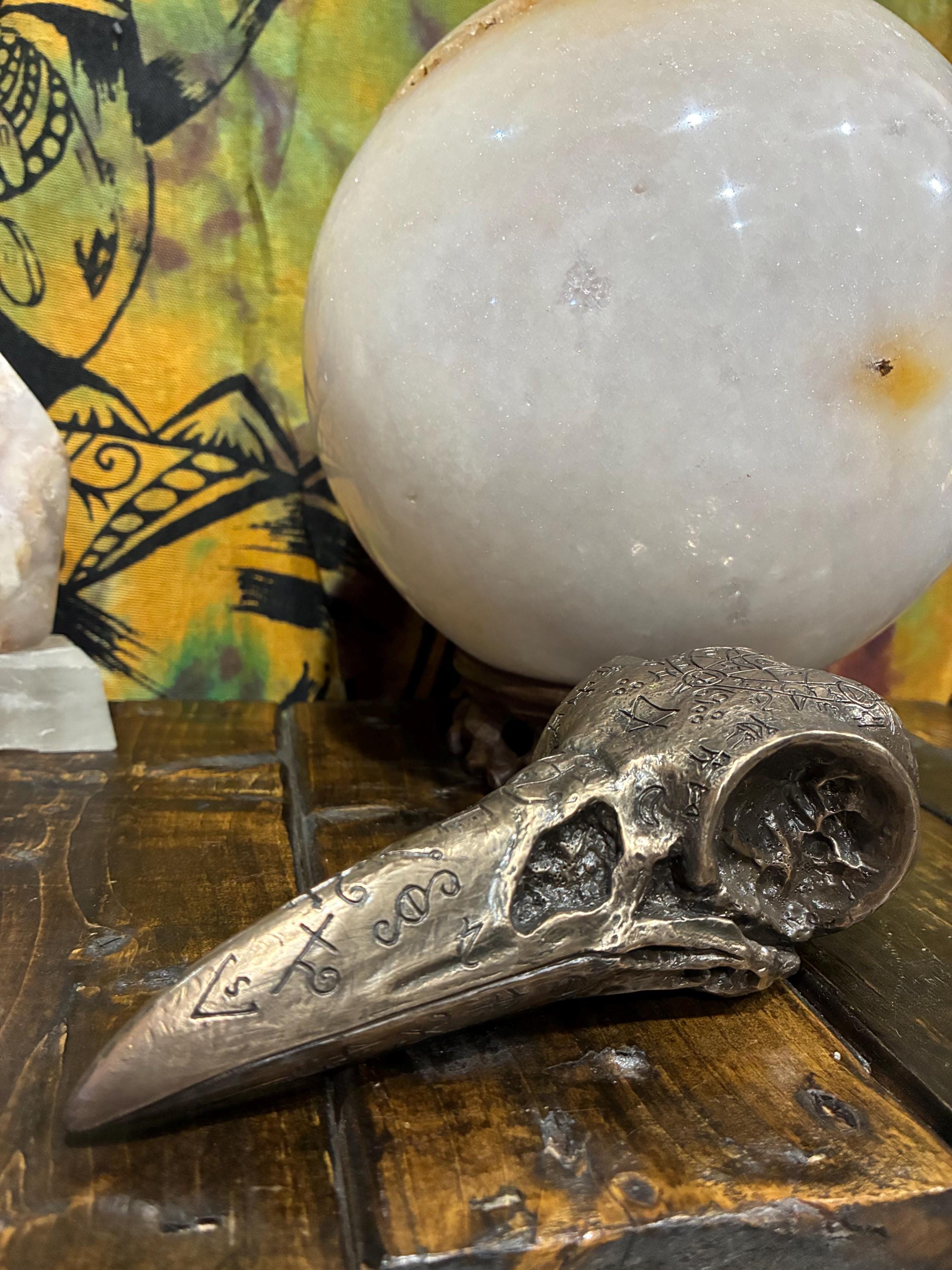 Bronze Cast Resin Raven Skull Sculpture | Gothic Occult Altar Decor
