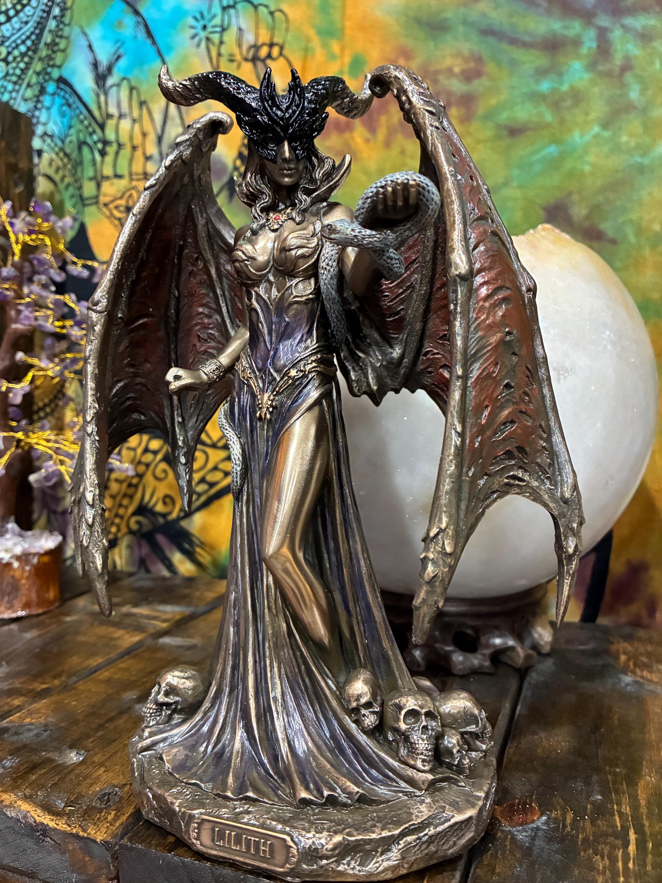 Lilith Statue 9 1/8" – Winged Gothic Demon Queen Figurine, Snake Skull Base