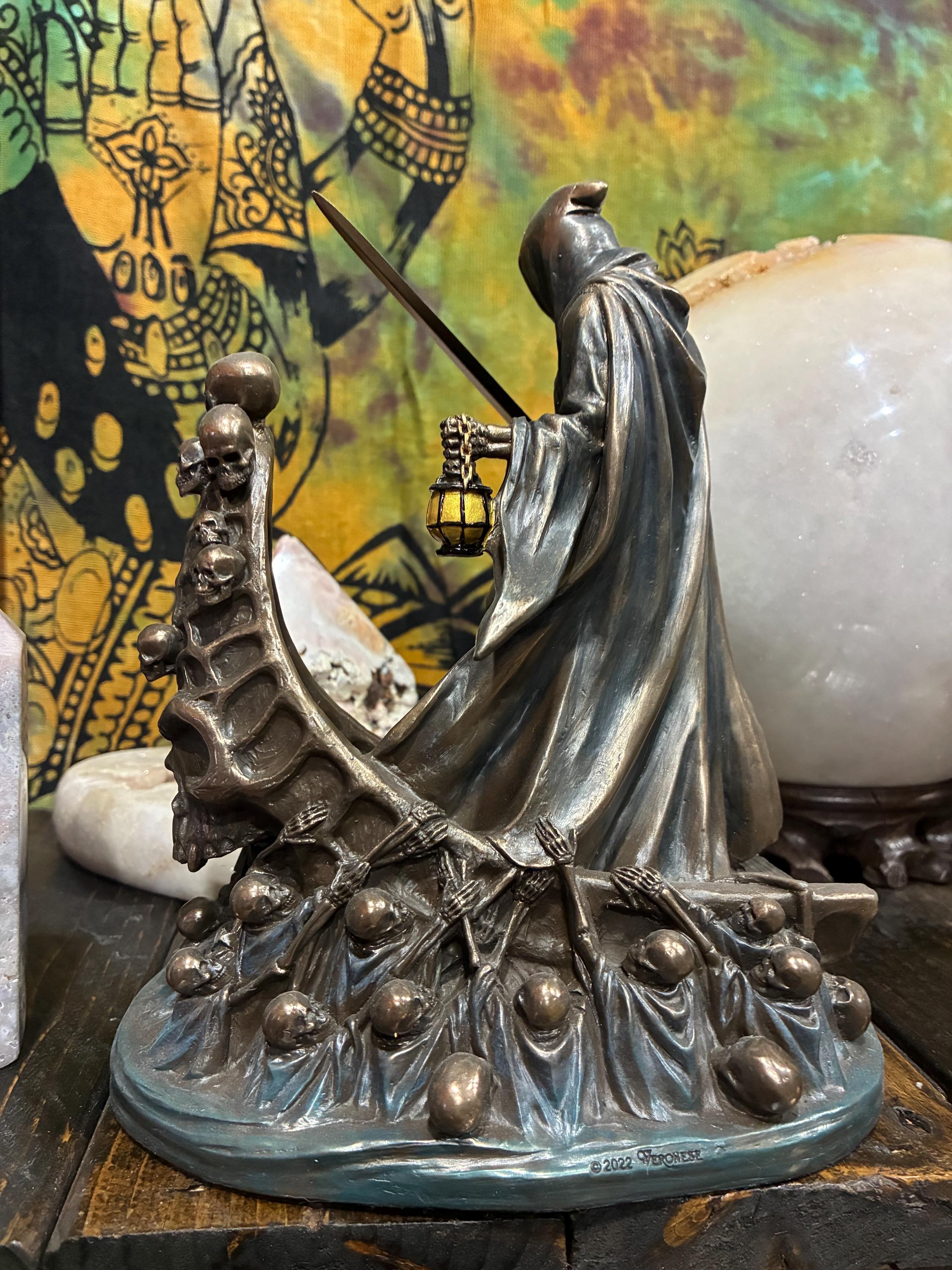 Dark Messenger Statue | Hooded Reaper with Sword & Lantern, Gothic Altar Decor