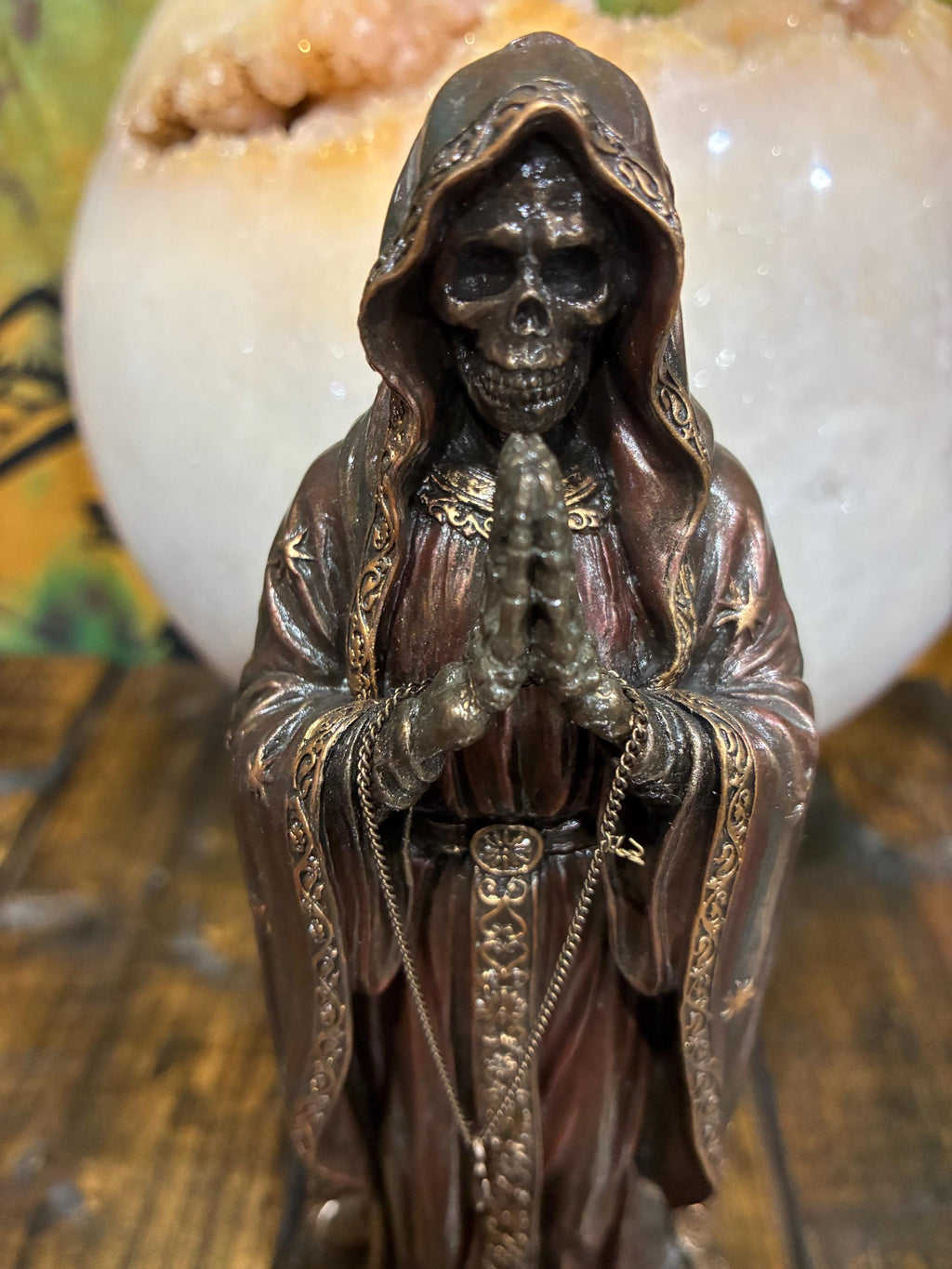 Rosario Muerte 7 1/2” — Gothic Santa Muerte Rosary Statue (Bronze Finish) | Altar Decor | Devotional Gift