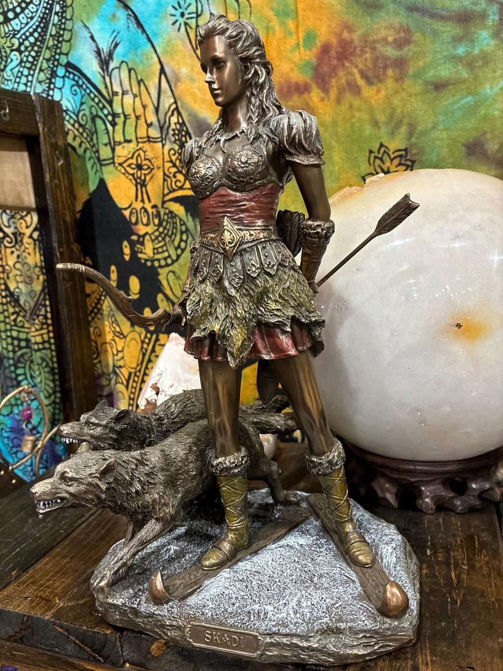 Skadi Statue | Bronze Norse Goddess with Wolves, Altar Decor