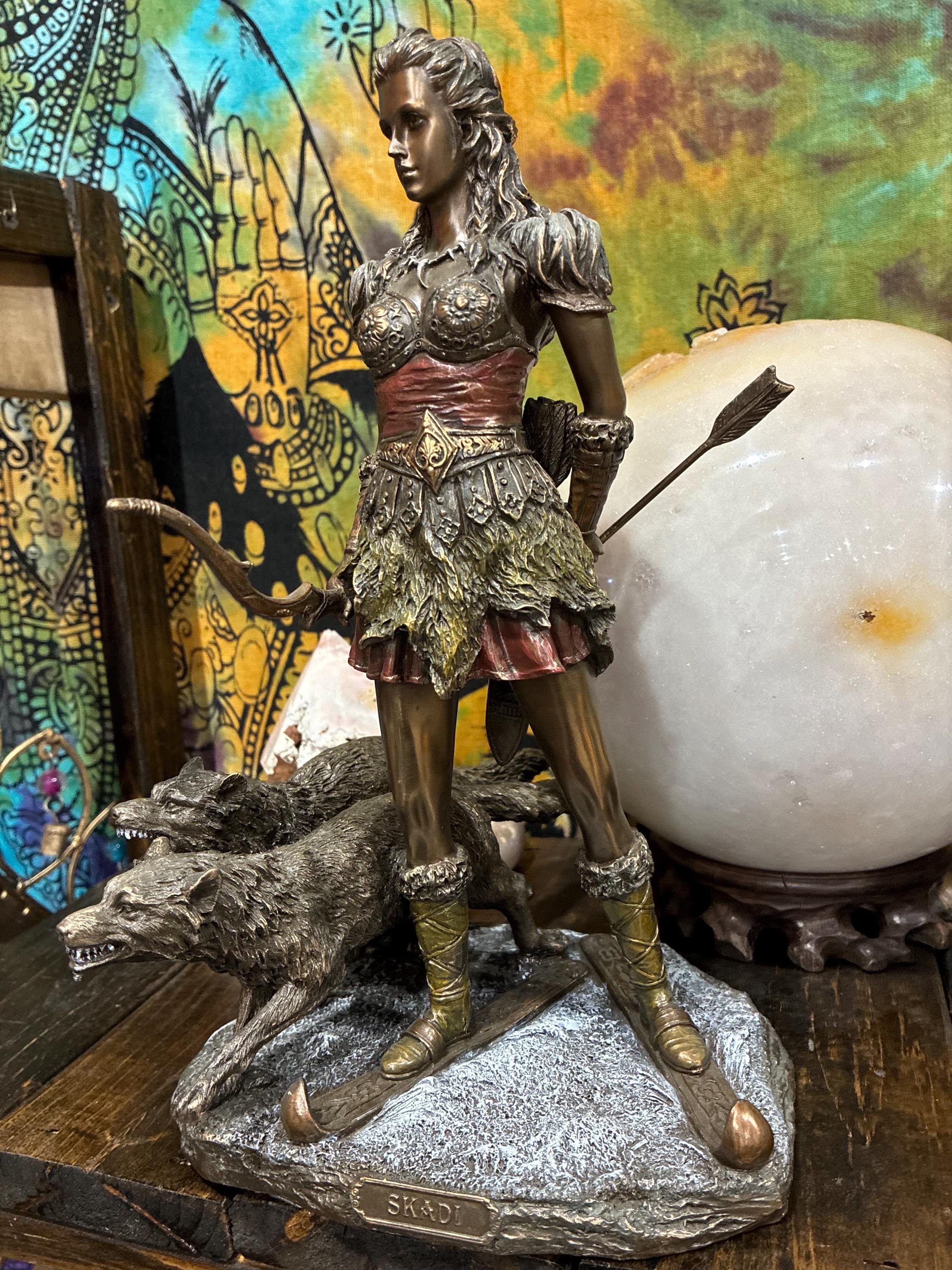 Skadi Statue | Bronze Norse Goddess with Wolves, Altar Decor