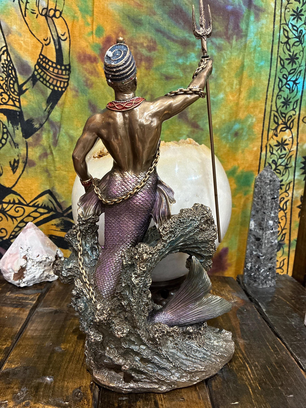 Olokun Statue 14 3/8" Bronze Cast Resin | Orisha of Deep Ocean, Mysteries, Trident, Anchor