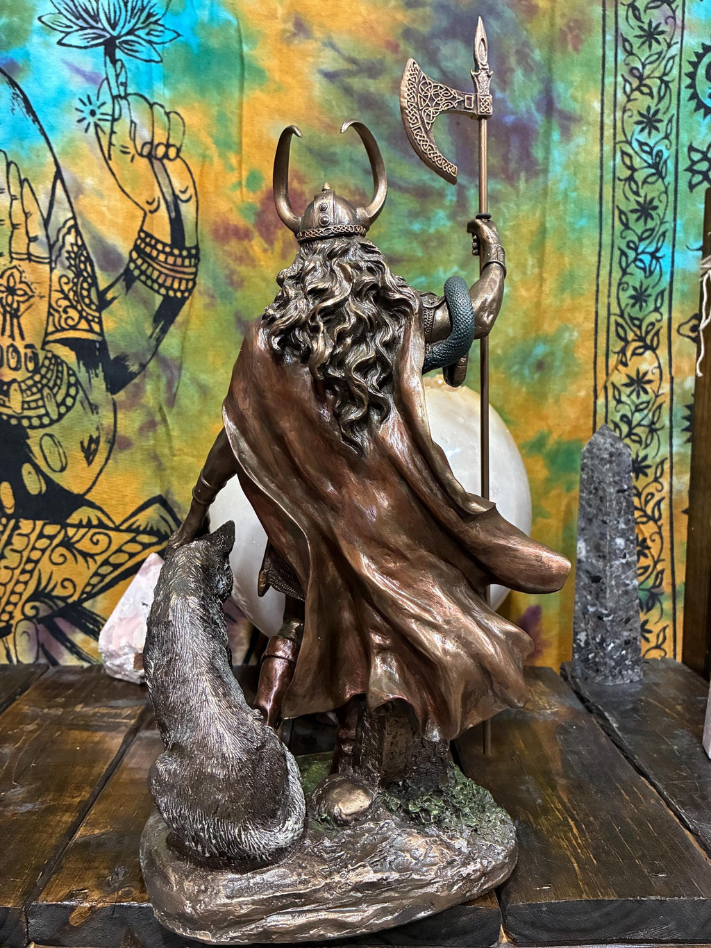 Loki Statue 13 7/8” | Norse Trickster God | Viking Altar Decor | Spear & Wolf Companion | Bronze Cast Resin | Mythology Gift