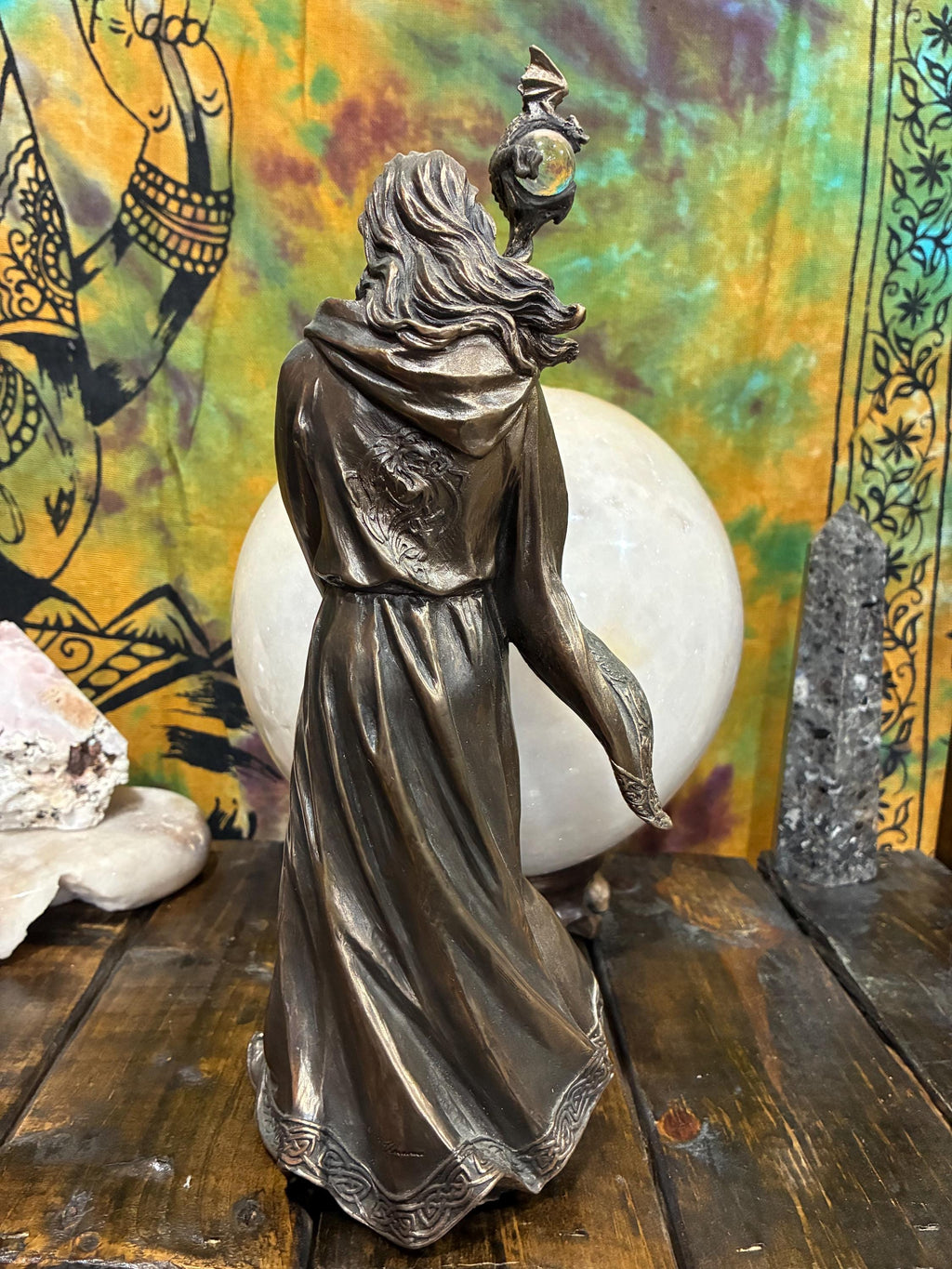 Merlin Statue | Bronze Finish Wizard with Dragon Crystal Ball Staff
