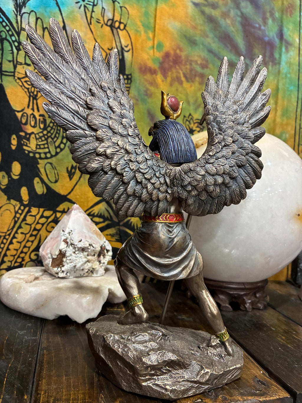 Ra Statue | Bronze Finish Egyptian Sun God with Wings, Ankh | Altar Decor