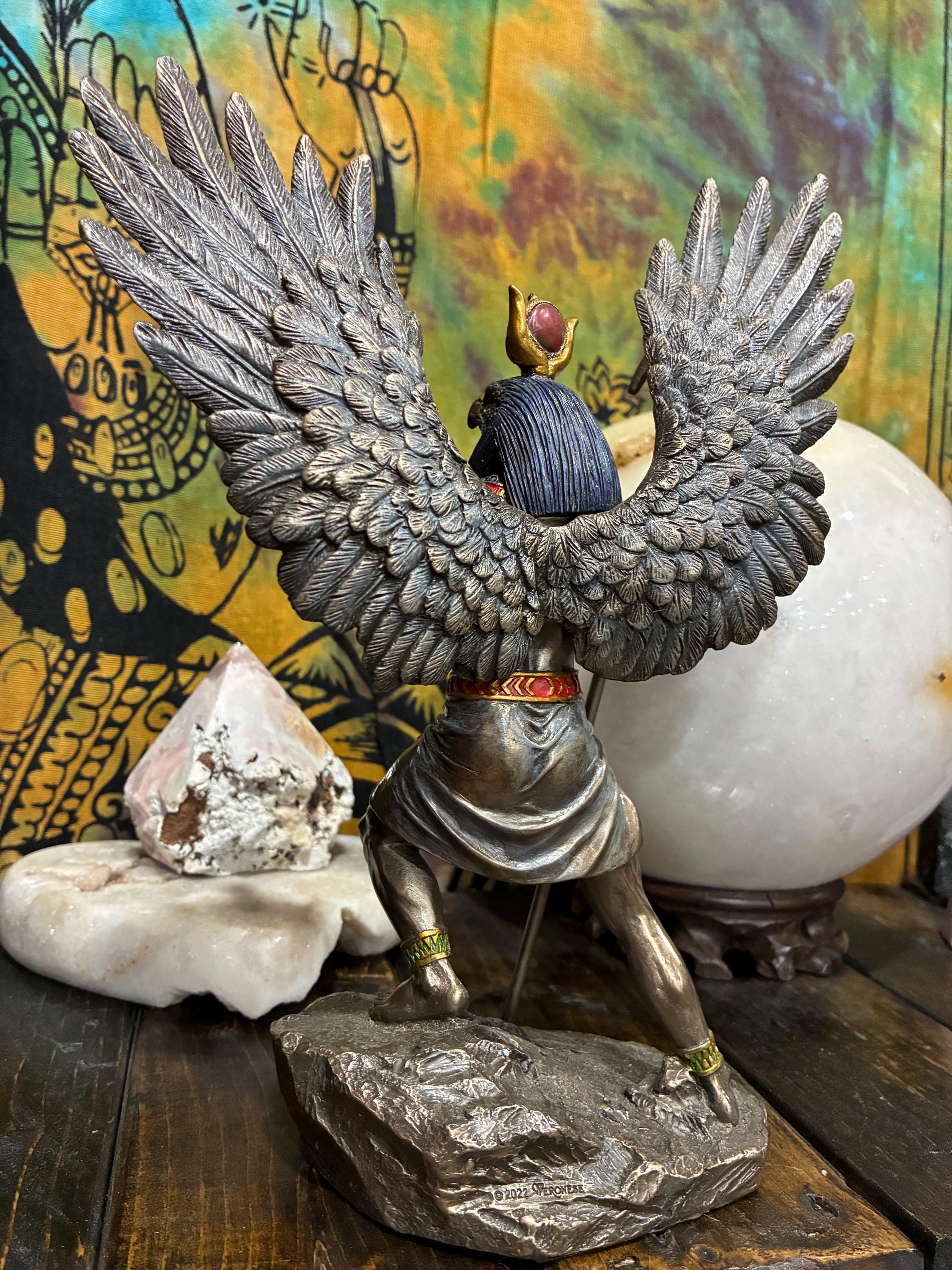 Ra Statue | Bronze Finish Egyptian Sun God with Wings, Ankh | Altar Decor