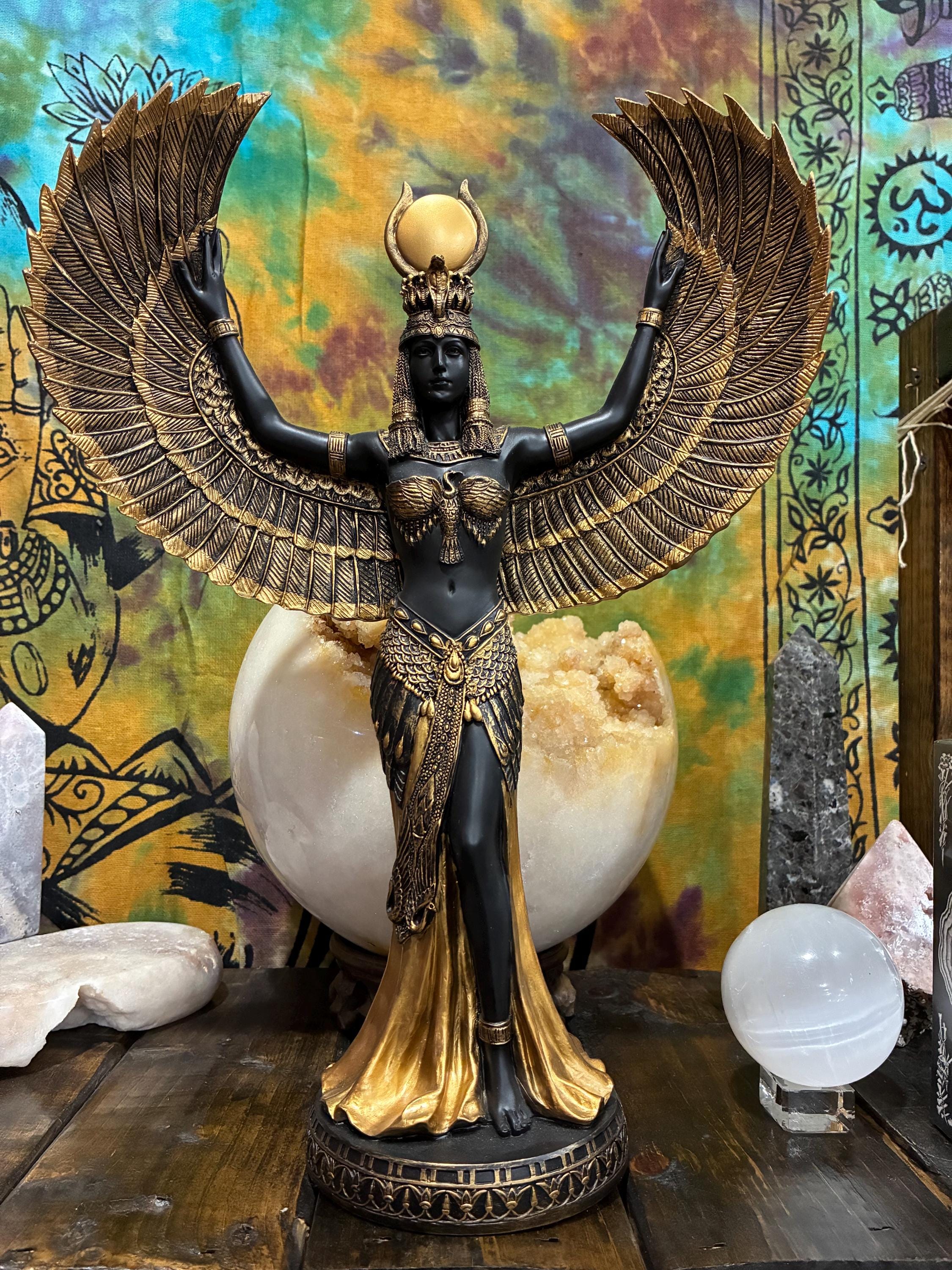 Egyptian Goddess Isis Statue with Wings - Black & Gold Altar Figurine - Spiritual Home Decor - Divine Feminine Energy