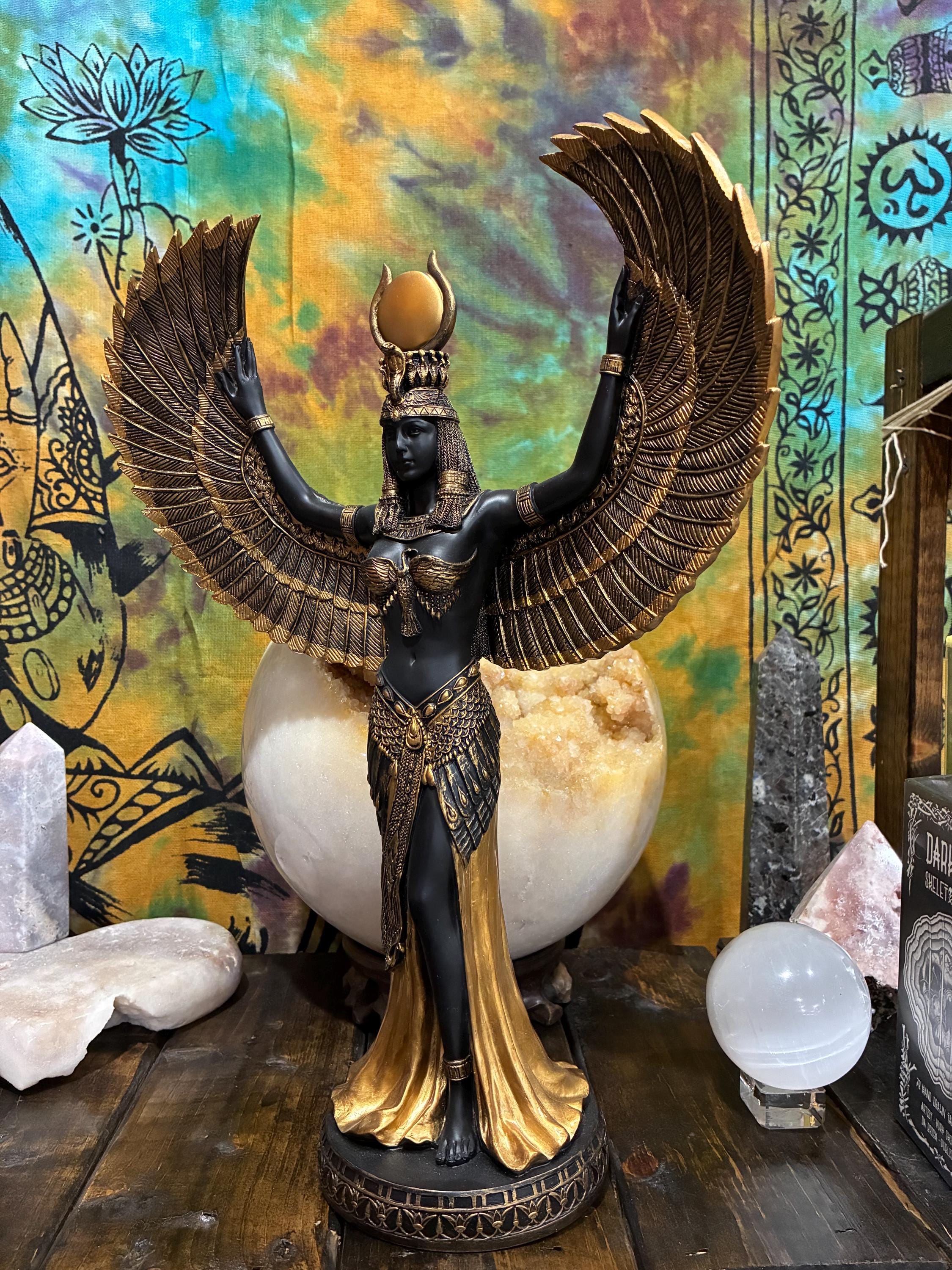 Egyptian Goddess Isis Statue with Wings - Black & Gold Altar Figurine - Spiritual Home Decor - Divine Feminine Energy