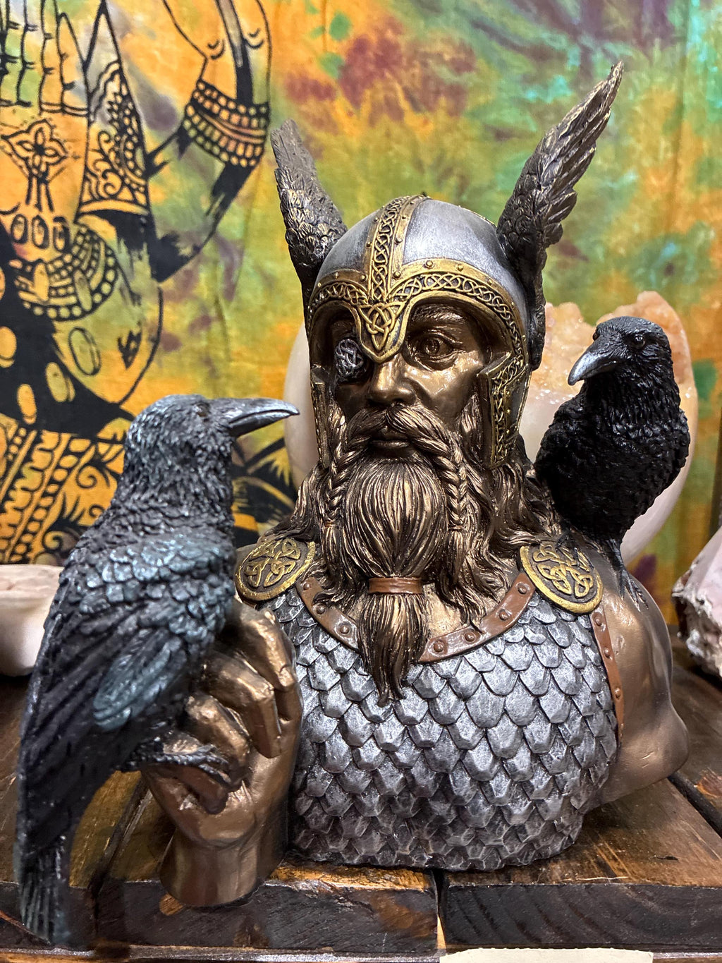 Odin Bust Statue – Norse God, Ravens, Viking Altar Decor