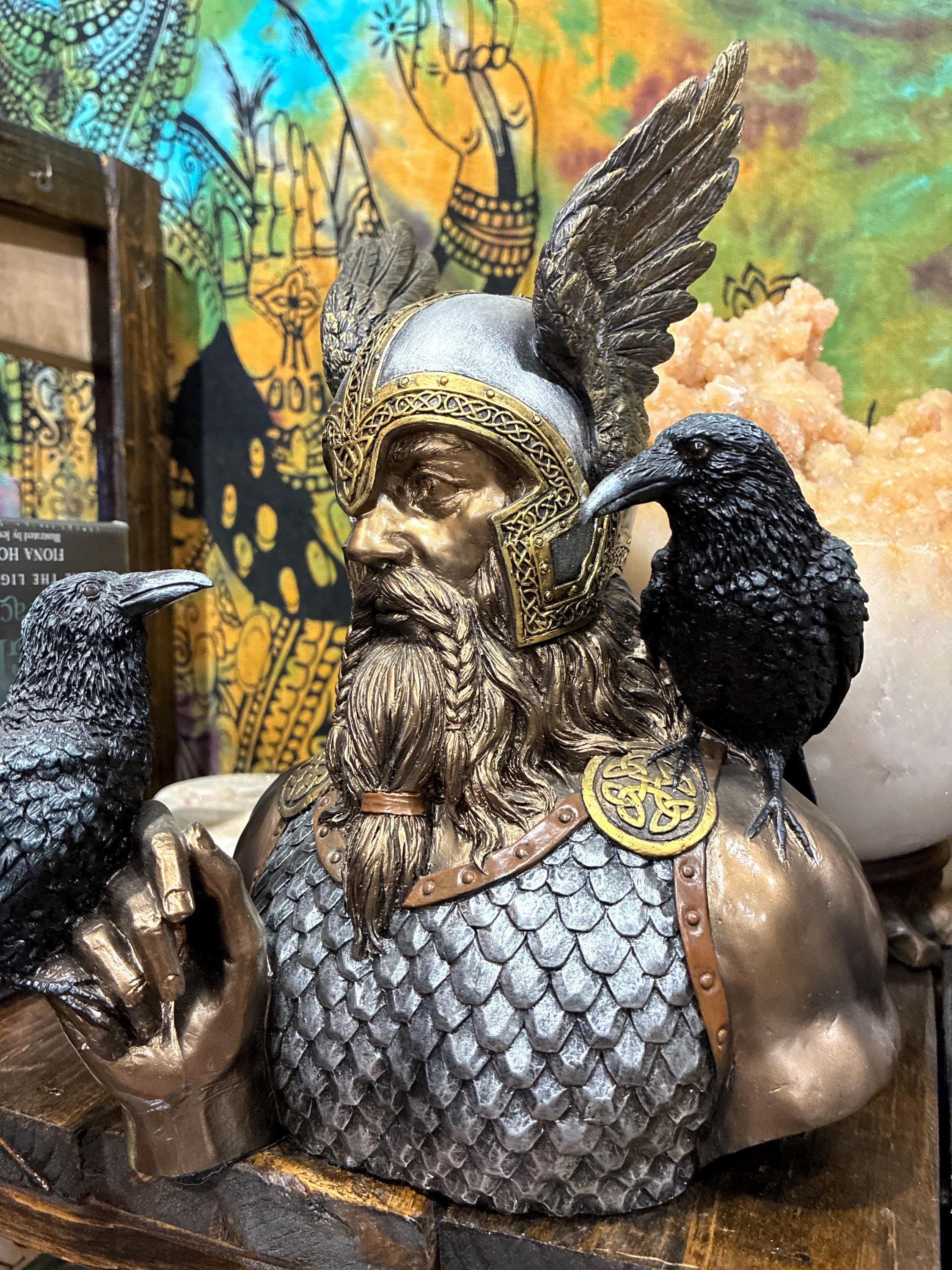 Odin Bust Statue – Norse God, Ravens, Viking Altar Decor