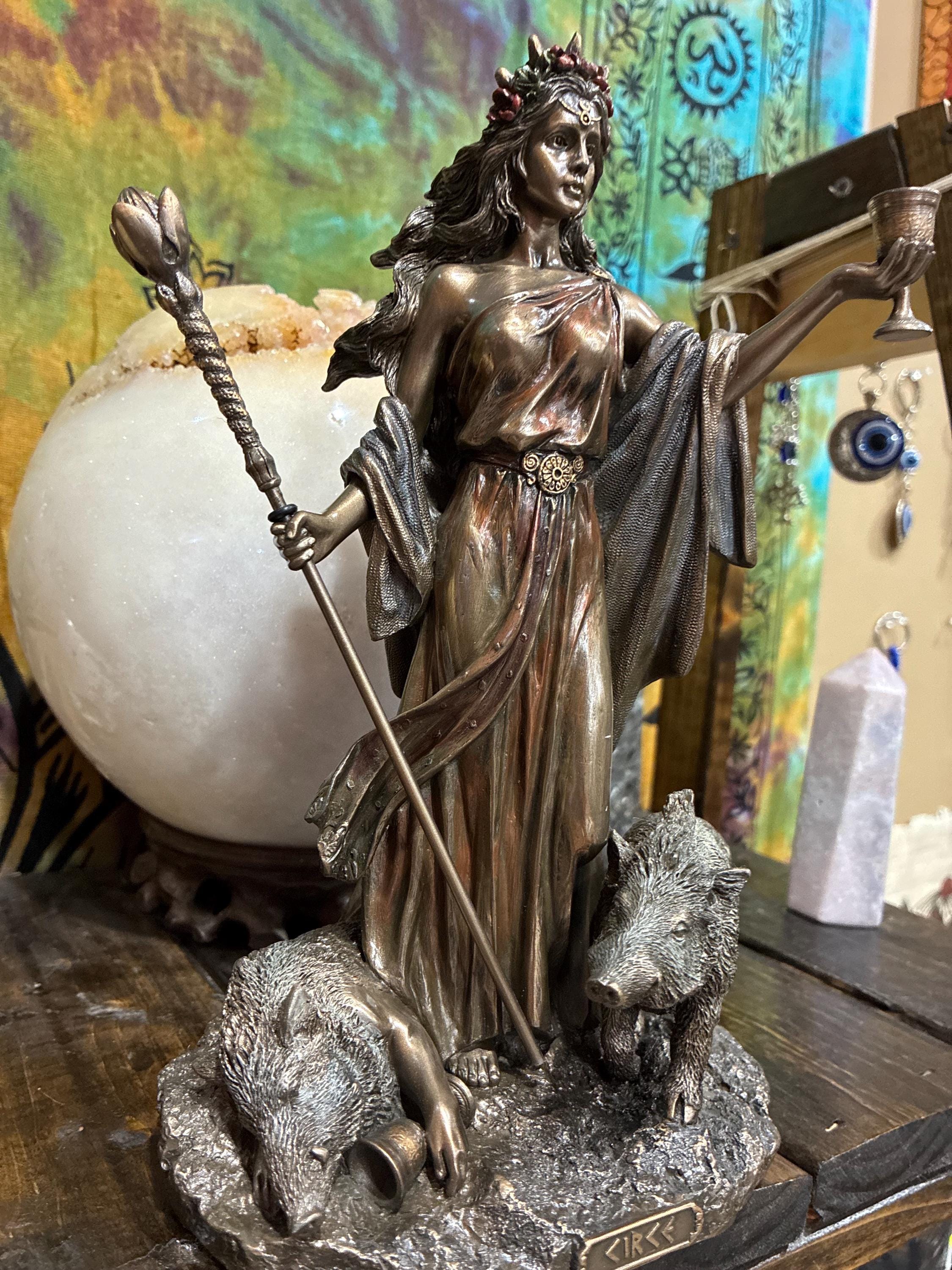 Circe Statue 9 3/8" Bronze Cast Resin | Greek Sorceress Altar Decor, Wand, Chalice