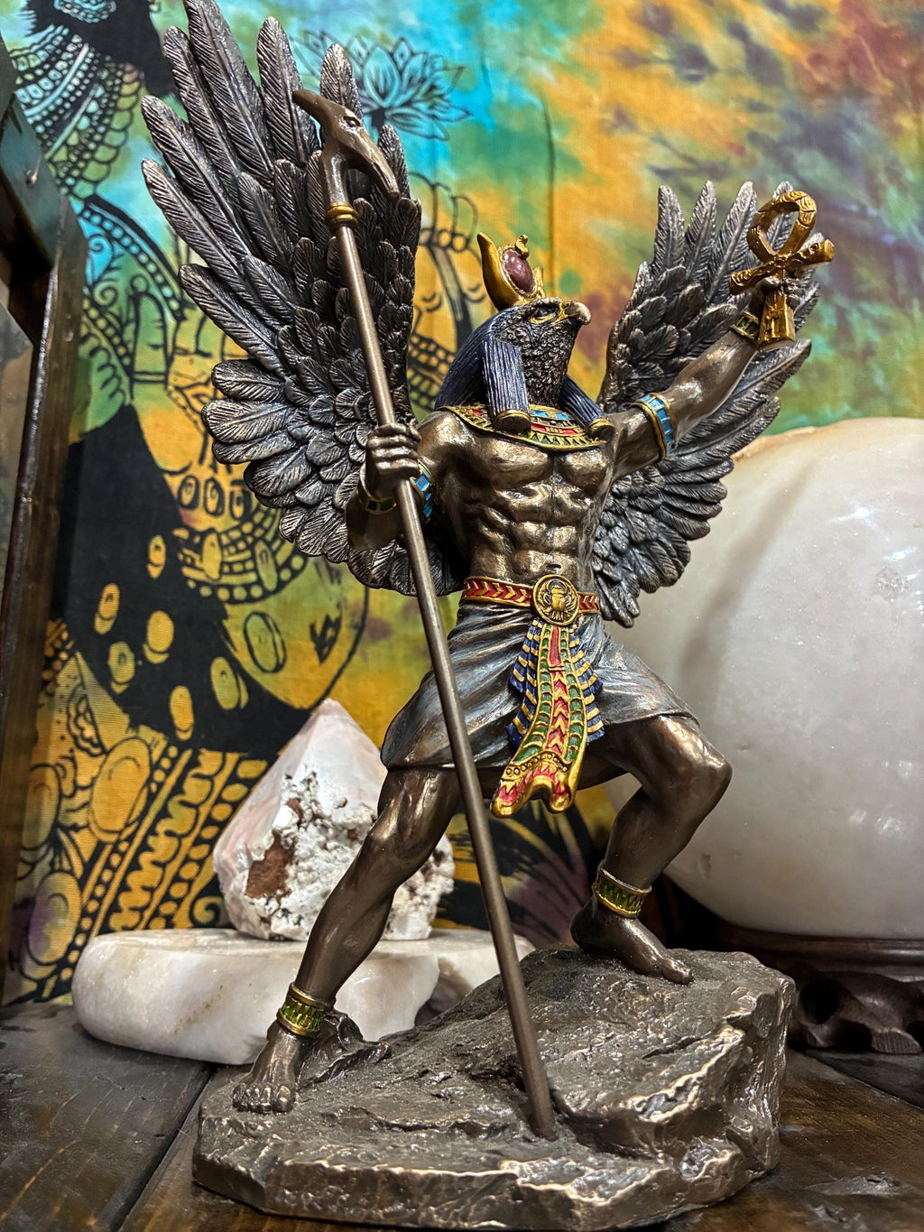 Ra Statue | Bronze Finish Egyptian Sun God with Wings, Ankh | Altar Decor