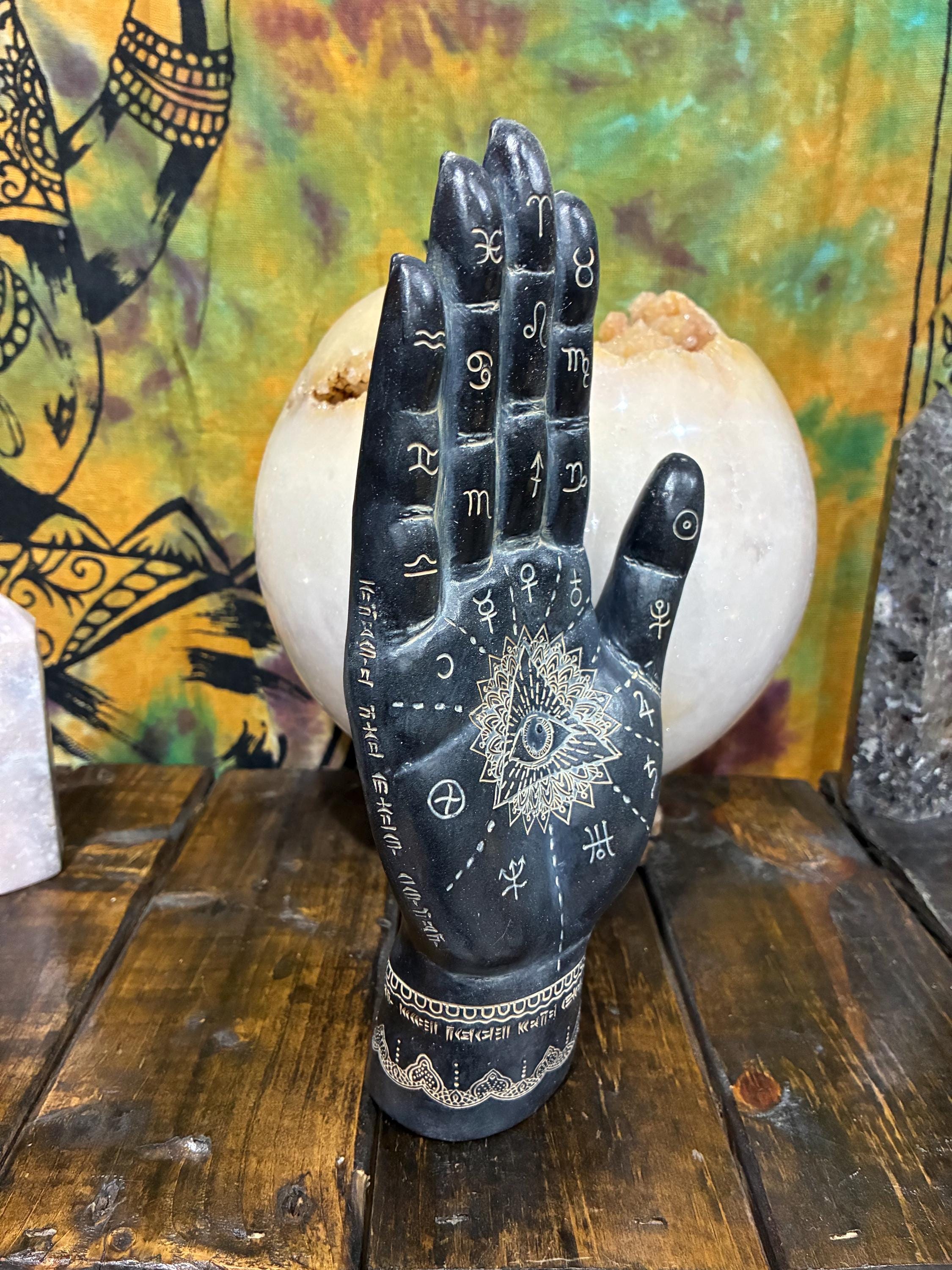 Mystic Hamsa Hand Statue | Black Gold Polystone Altar Decor, Astrology Symbols