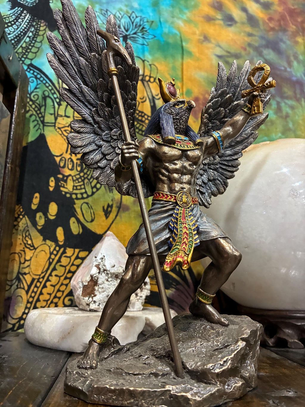 Ra Statue | Bronze Finish Egyptian Sun God with Wings, Ankh | Altar Decor