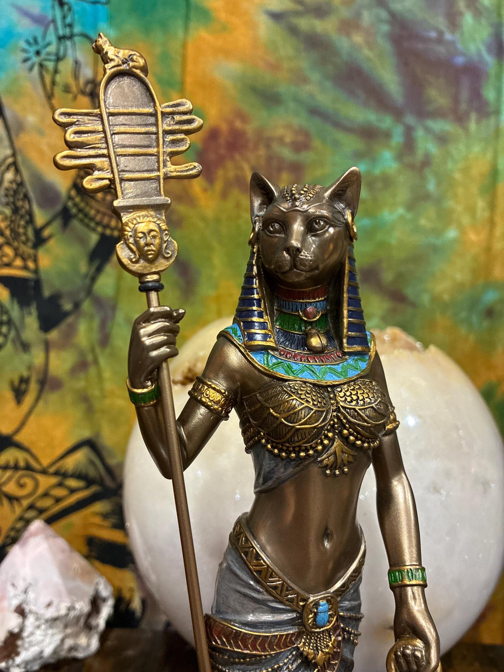Bastet Statue 10 7/8" Bronze Cast Resin | Kemetic Cat Goddess Altar Decor, Home Blessings