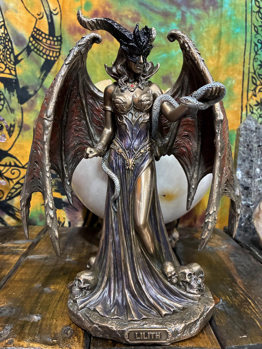 Lilith Statue 9 1/8" – Winged Gothic Demon Queen Figurine, Snake Skull Base