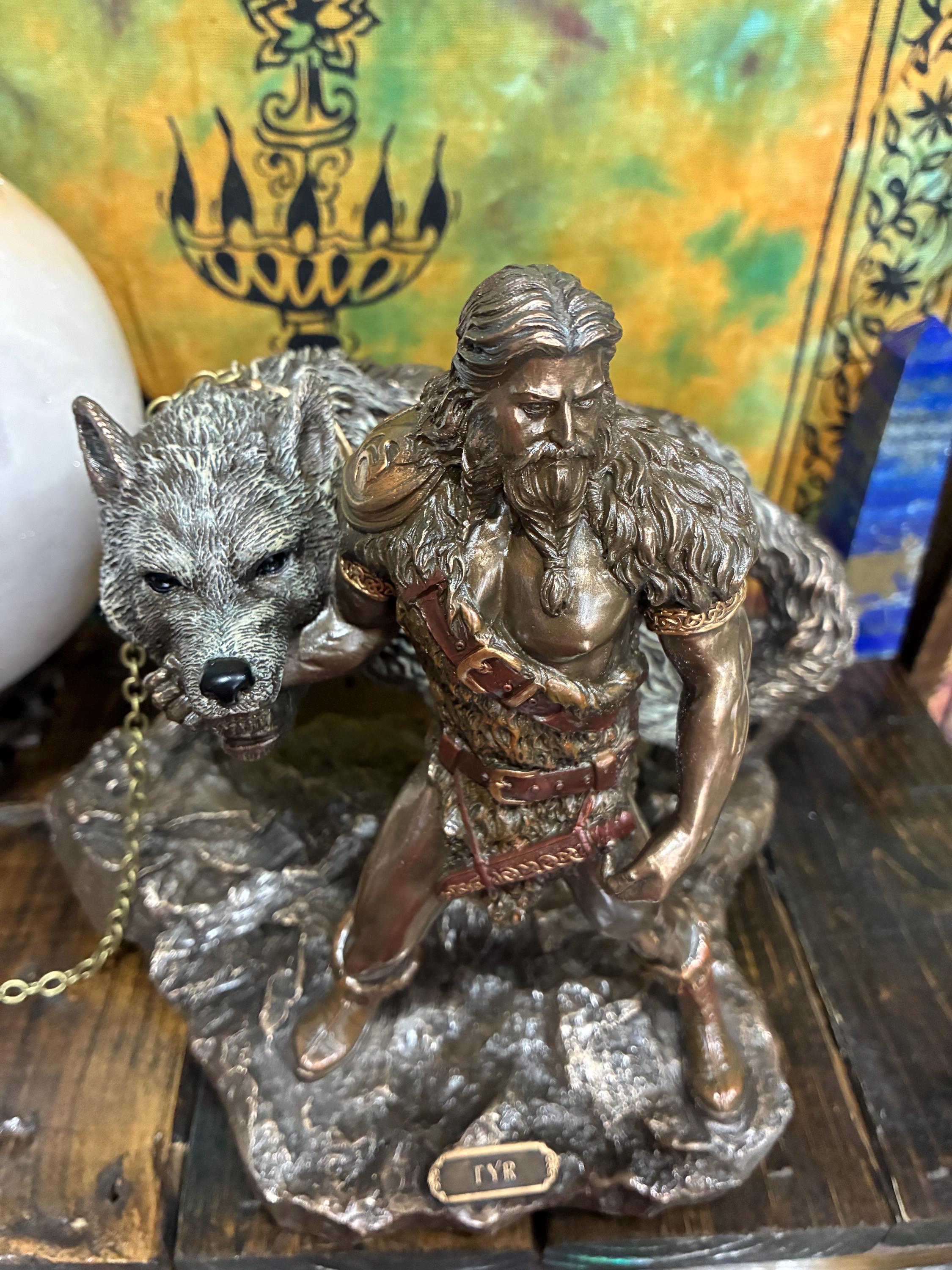 Týr Statue – Norse God of War, Justice, Fenrir Wolf Scene, Resin Viking Decor