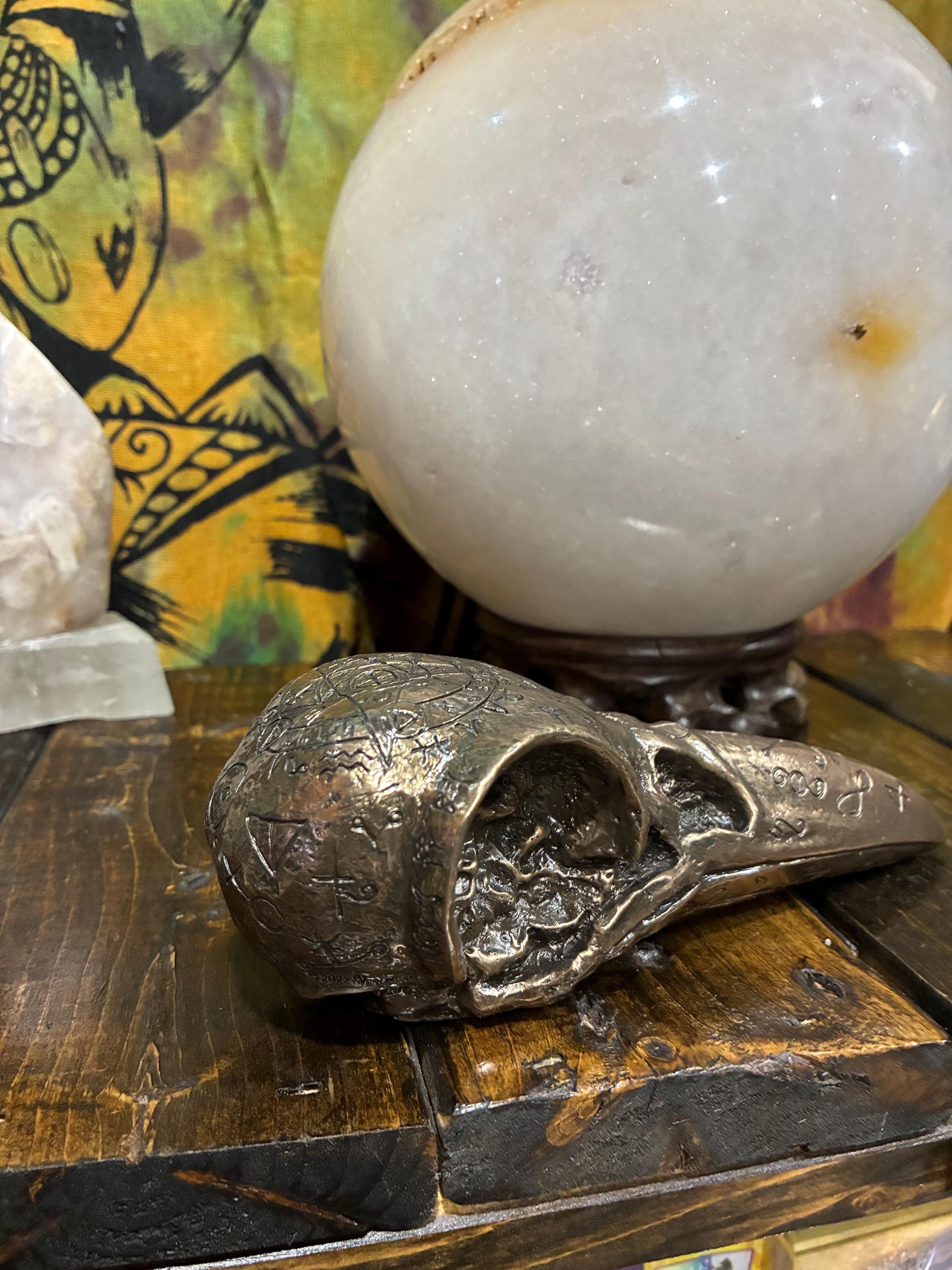 Bronze Cast Resin Raven Skull Sculpture | Gothic Occult Altar Decor