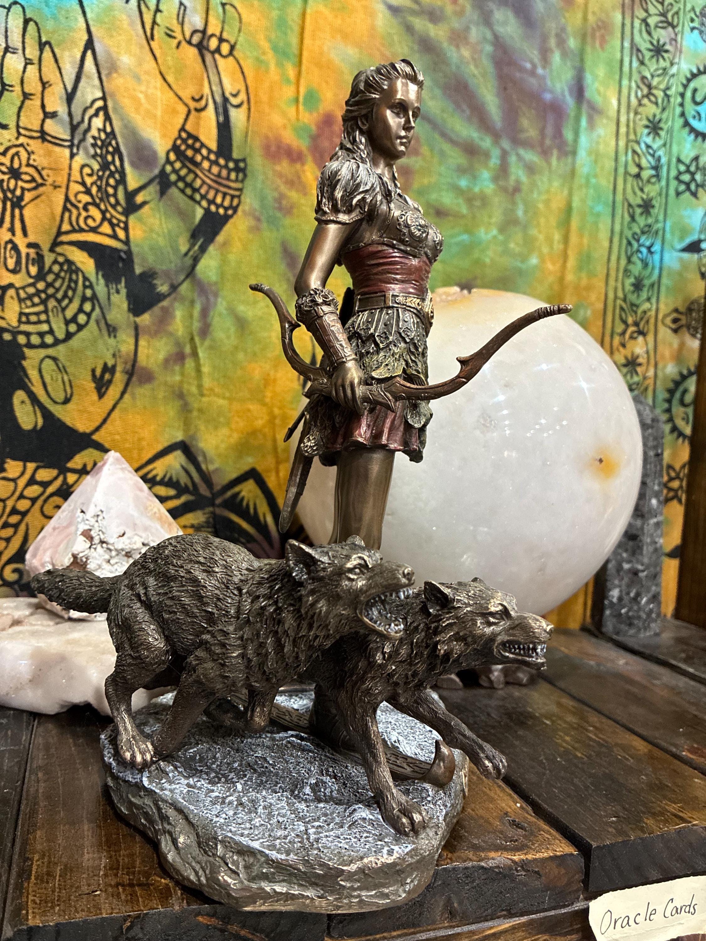 Skadi Statue | Bronze Norse Goddess with Wolves, Altar Decor
