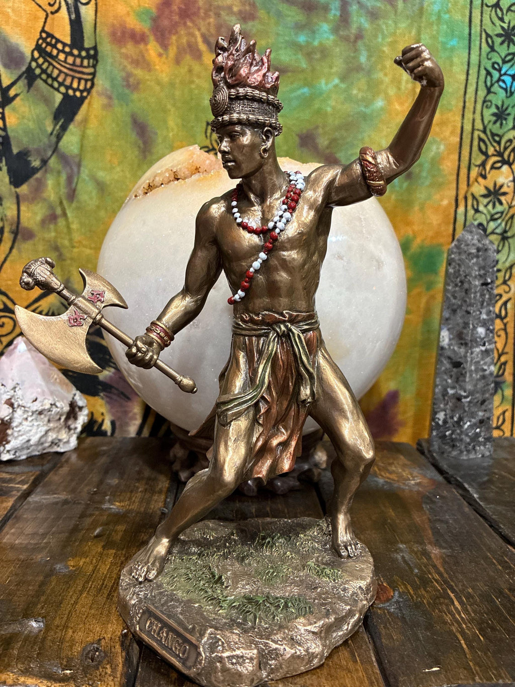 Orisha Changó Statue, Bronze Cast Resin, Double Axe, Spiritual Altar Decor