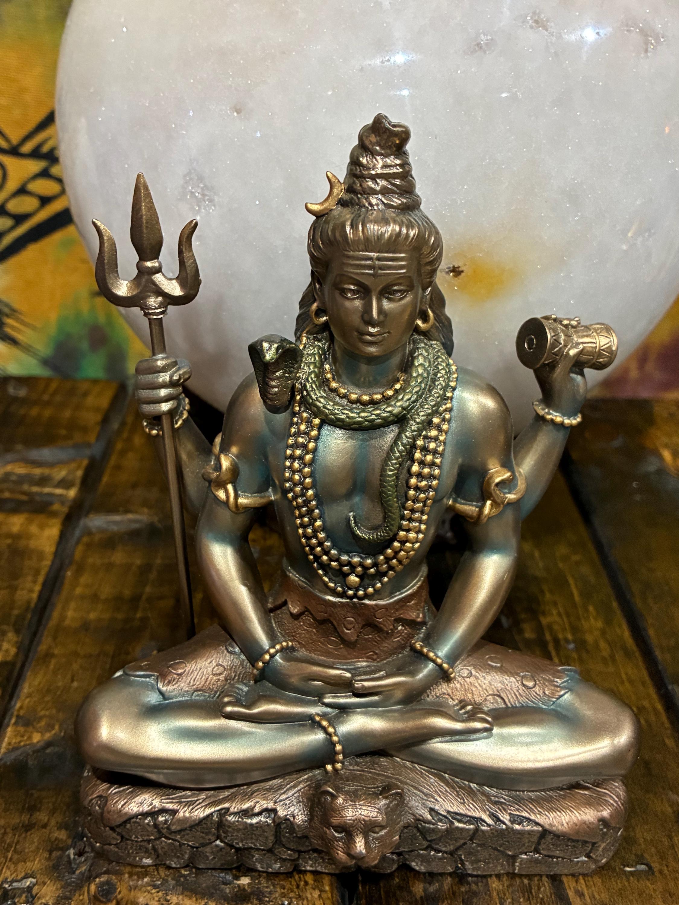 Shiva Statue — 6 1/4” (Meditation Pose) | Hindu Deity Altar Decor | Trident + Drum |