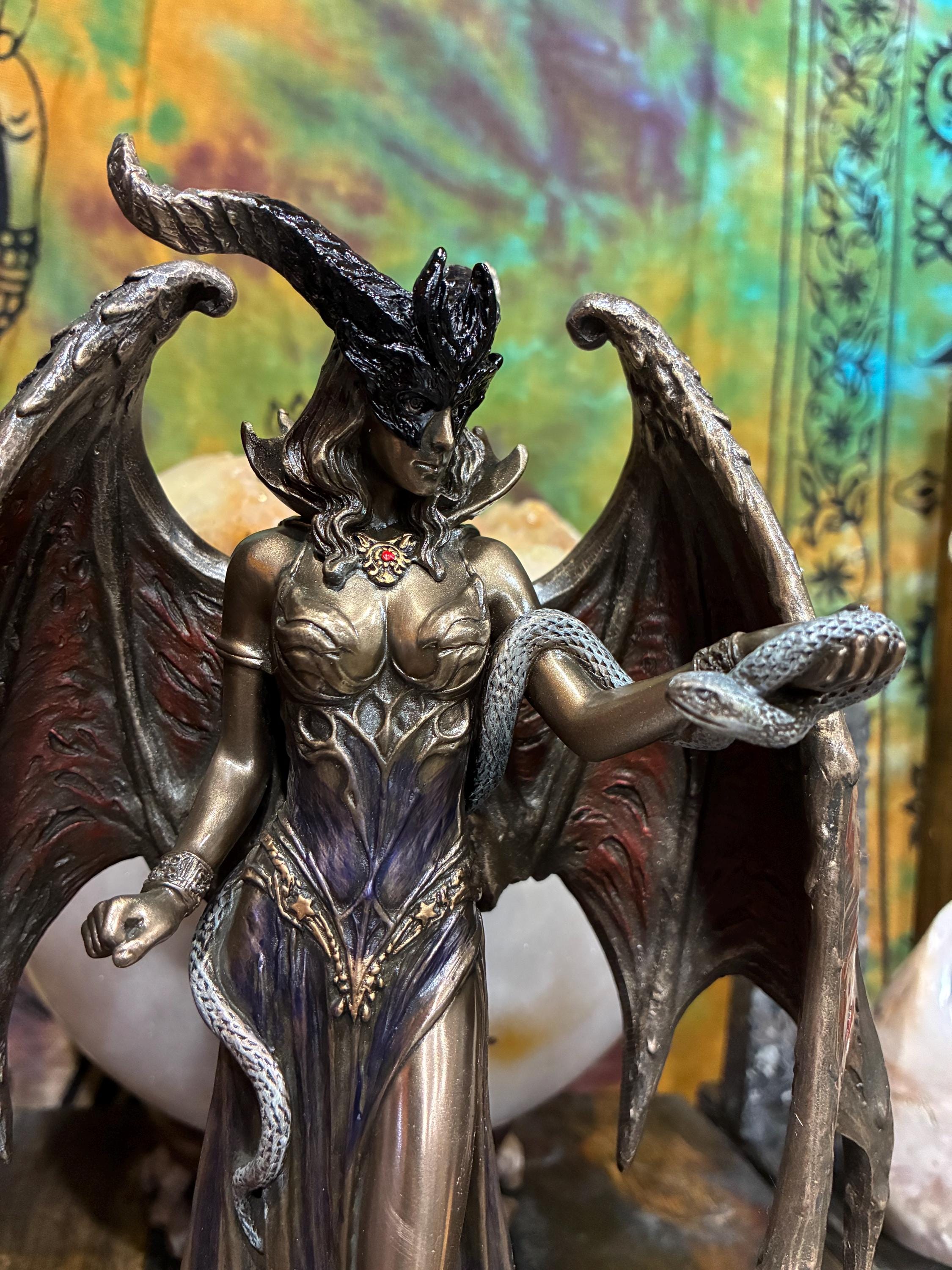 Lilith Statue 9 1/8" – Winged Gothic Demon Queen Figurine, Snake Skull Base