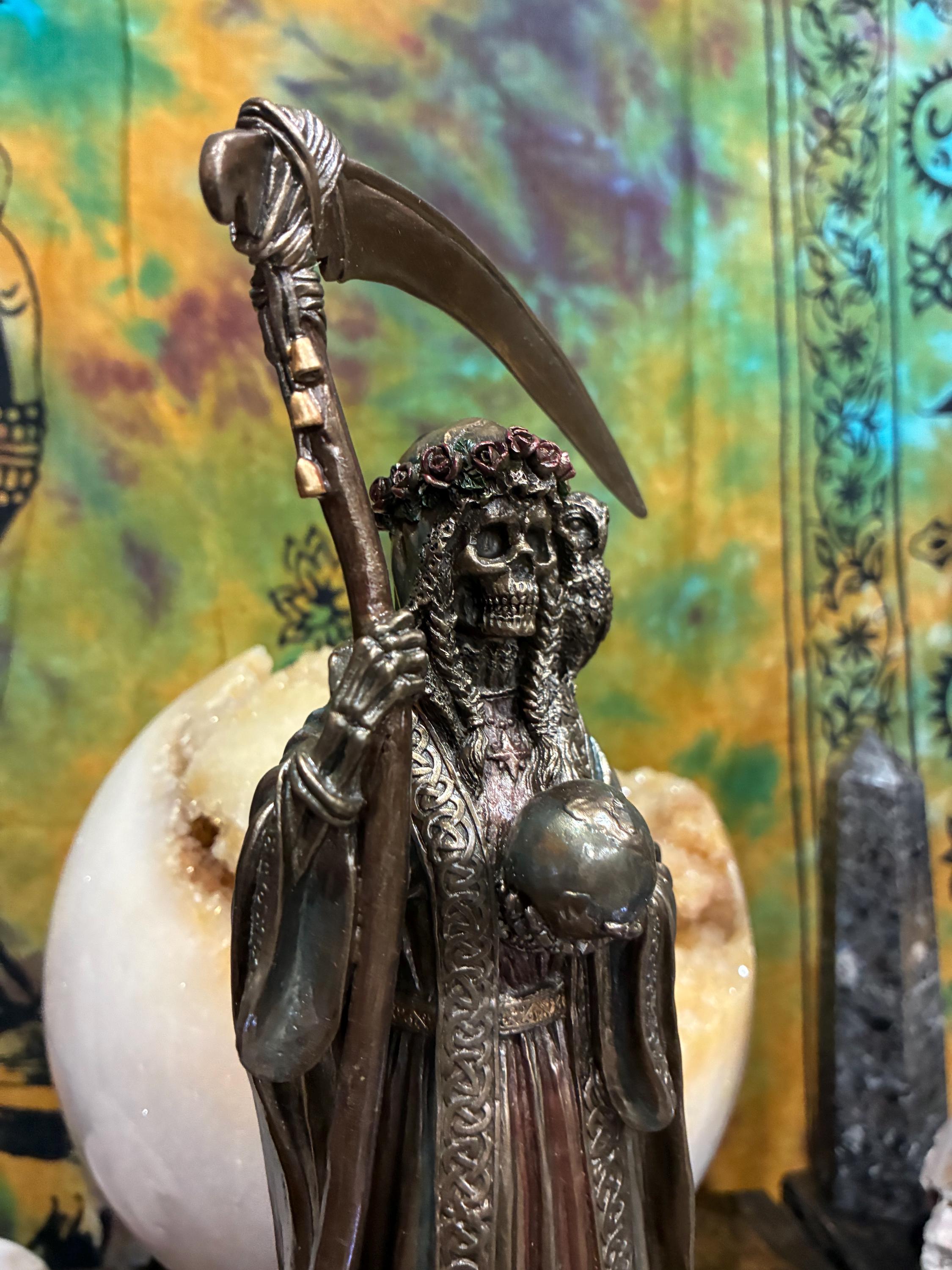 Santa Muerte Statue - Veronese Collection Bronze Finish - Holy Death Altar Figure with Owl & Scythe - 10" Resin Devotional Statue for Pro