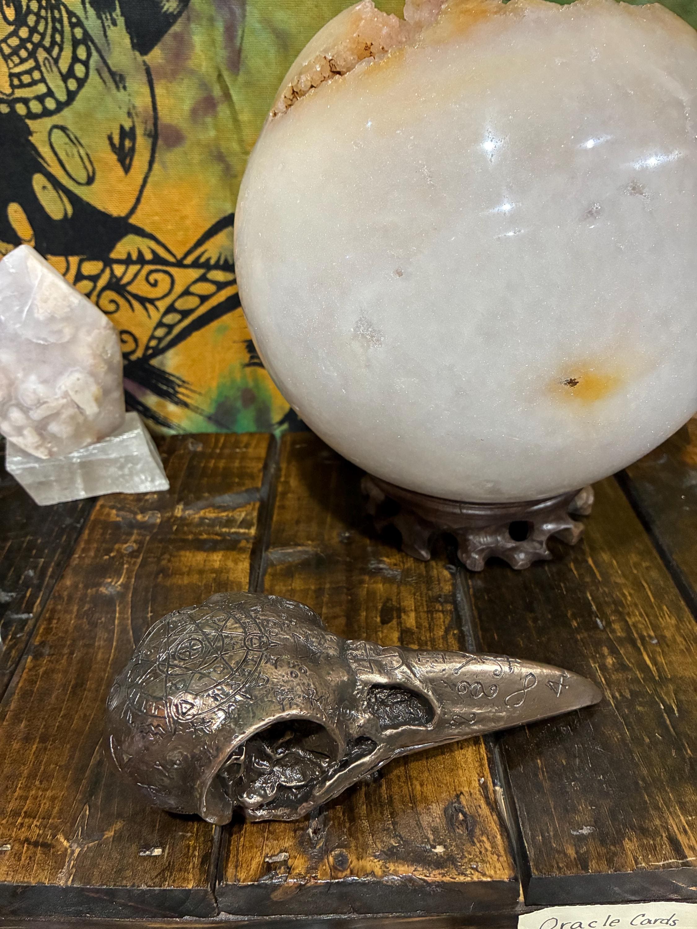 Bronze Cast Resin Raven Skull Sculpture | Gothic Occult Altar Decor