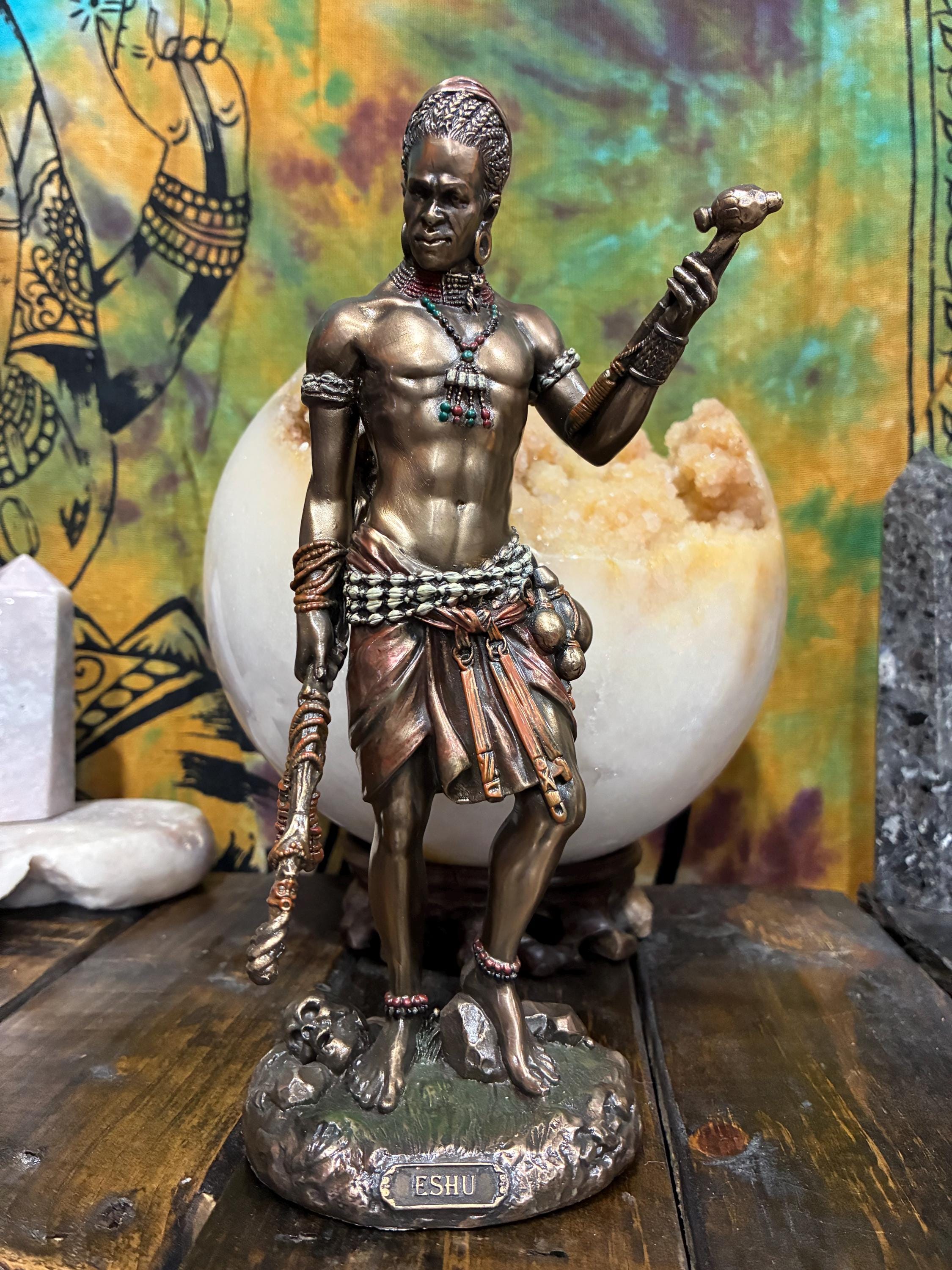 Eshu Statue | Bronze Finish Orisha, Yoruba Altar Decor (8 1/2 inch)