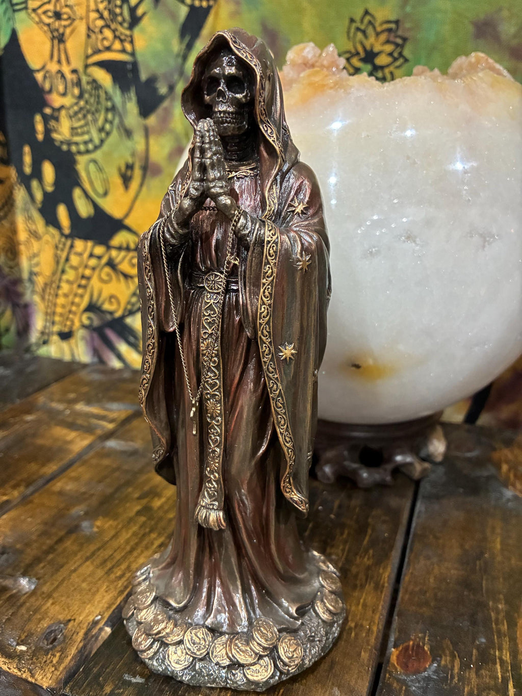Rosario Muerte 7 1/2” — Gothic Santa Muerte Rosary Statue (Bronze Finish) | Altar Decor | Devotional Gift