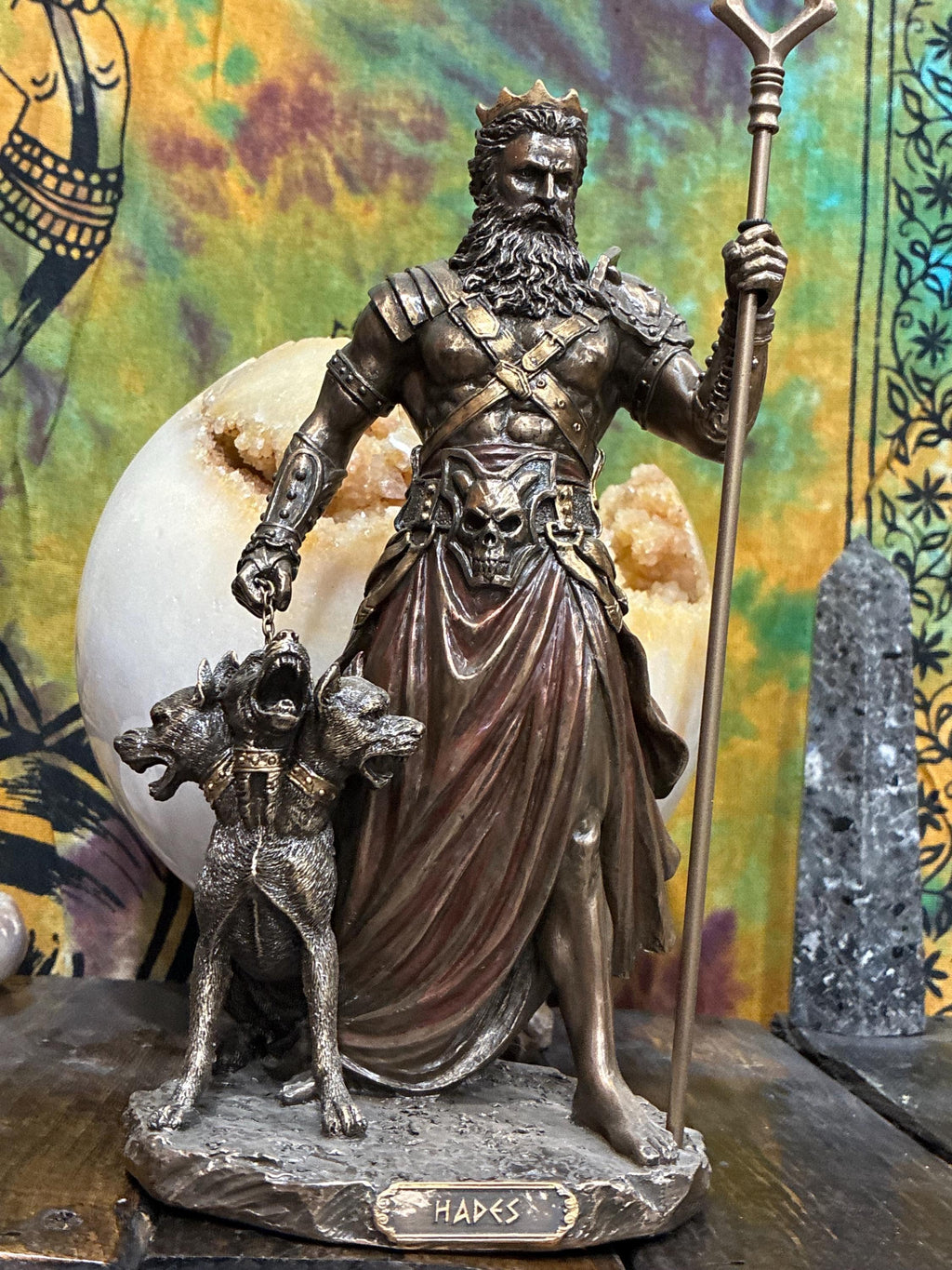 Hades Statue | Bronze Finish Greek God, Cerberus Altar Decor 10”
