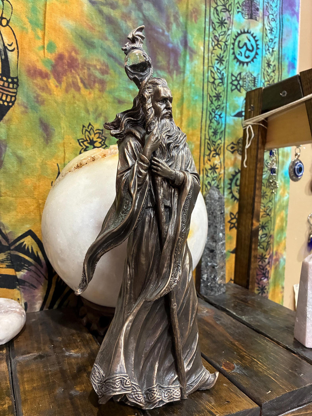 Merlin Statue | Bronze Finish Wizard with Dragon Crystal Ball Staff