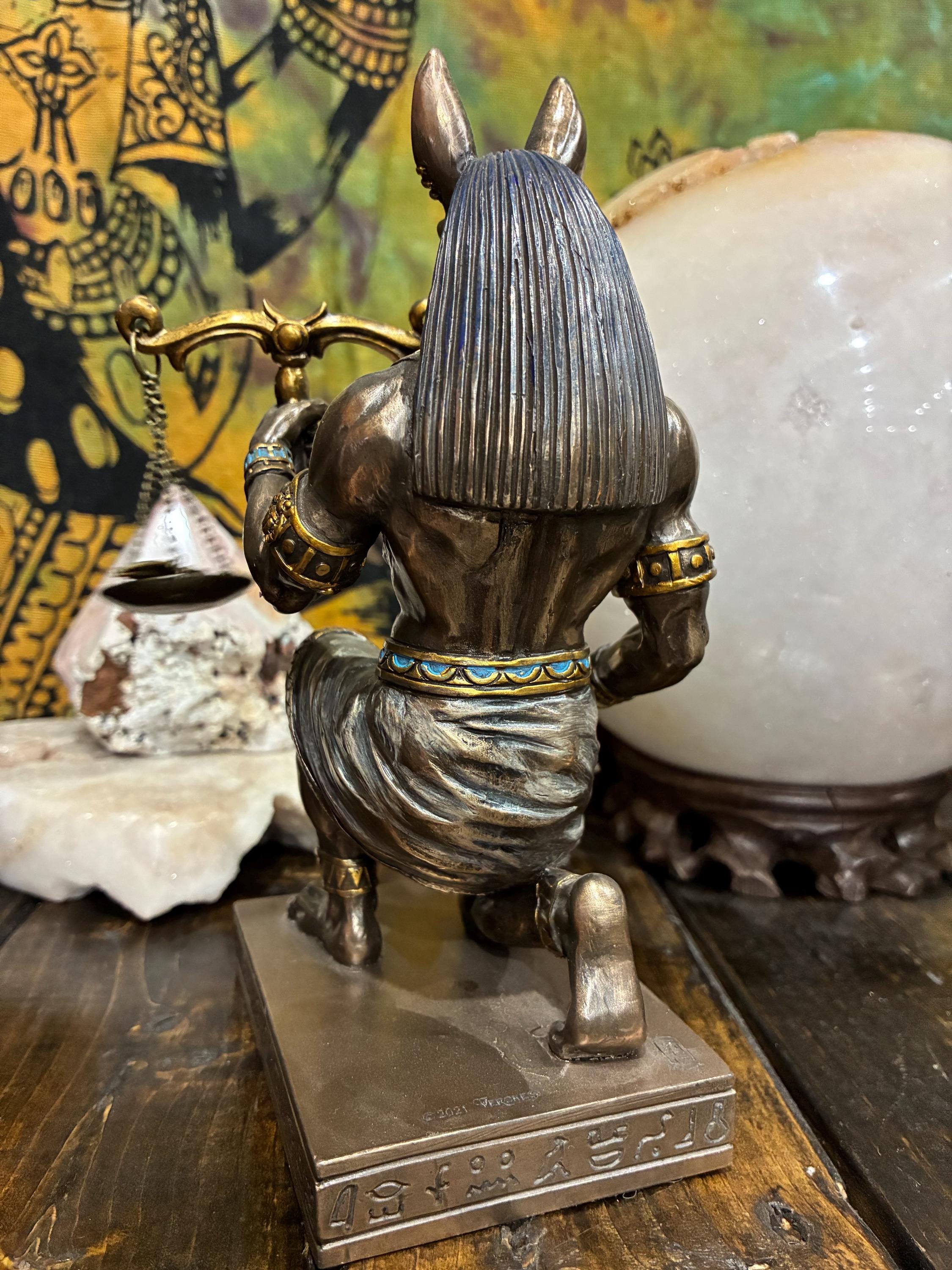 Anubis Kneeling Statue w/ Scales | Bronze-Tone Egyptian God Figurine, Gothic Altar Decor