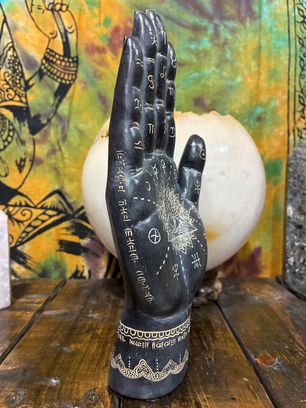 Mystic Hamsa Hand Statue | Black Gold Polystone Altar Decor, Astrology Symbols