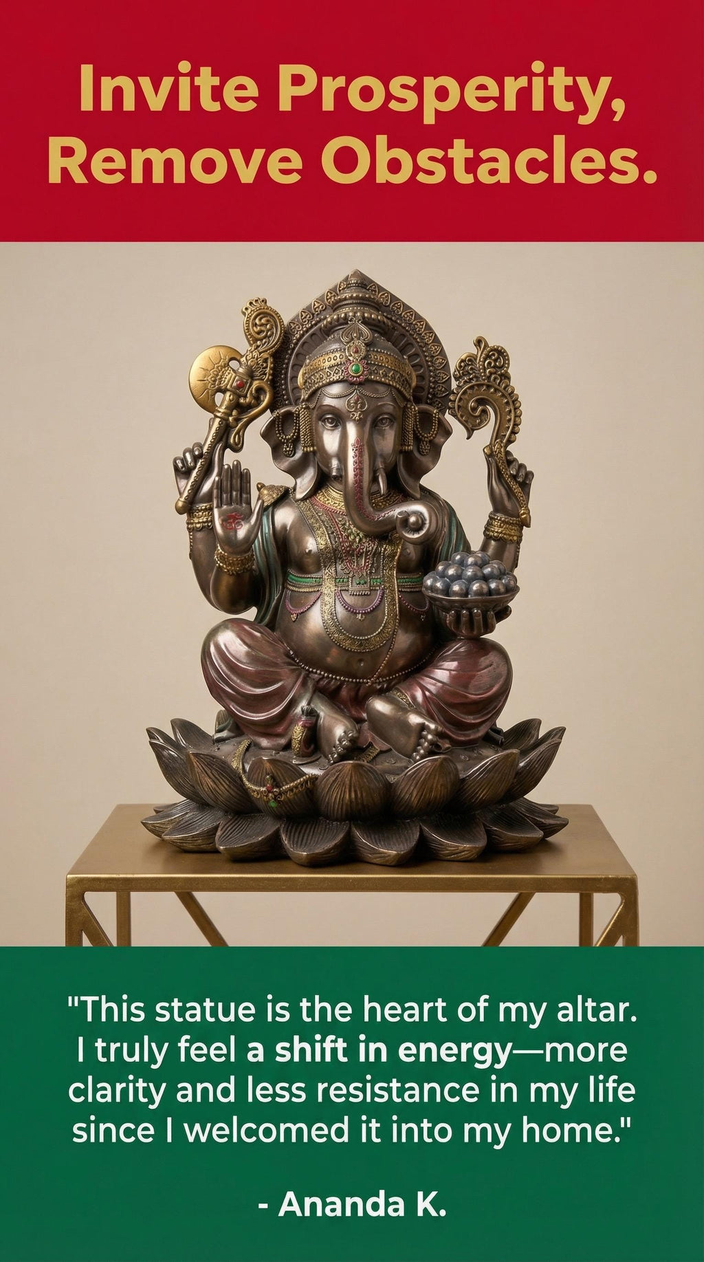 Ganesha Statue | Bronze Cast Resin, Lotus Base, Hindu Altar Decor