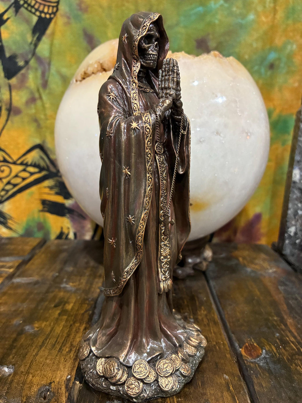 Rosario Muerte 7 1/2” — Gothic Santa Muerte Rosary Statue (Bronze Finish) | Altar Decor | Devotional Gift