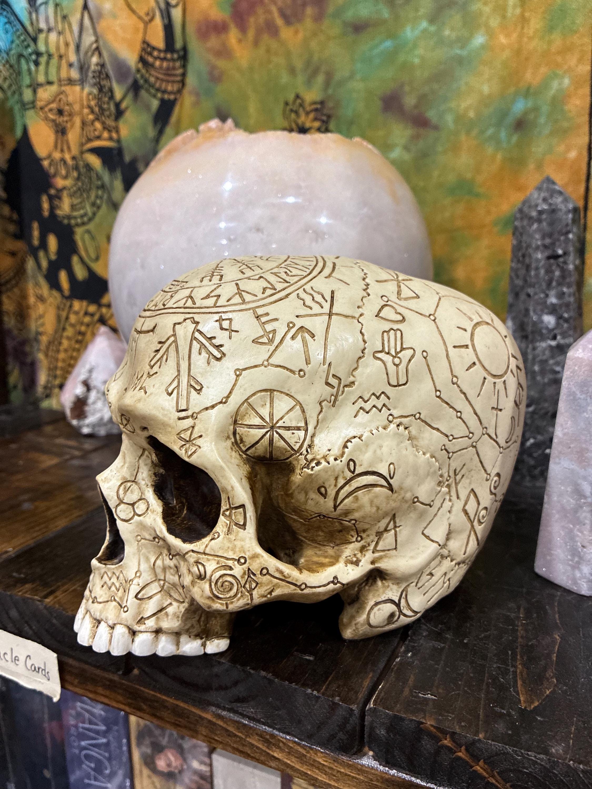 Ritual Skull Altar Decor | Engraved Sigil Polystone Occult Home 5 3/8 inches